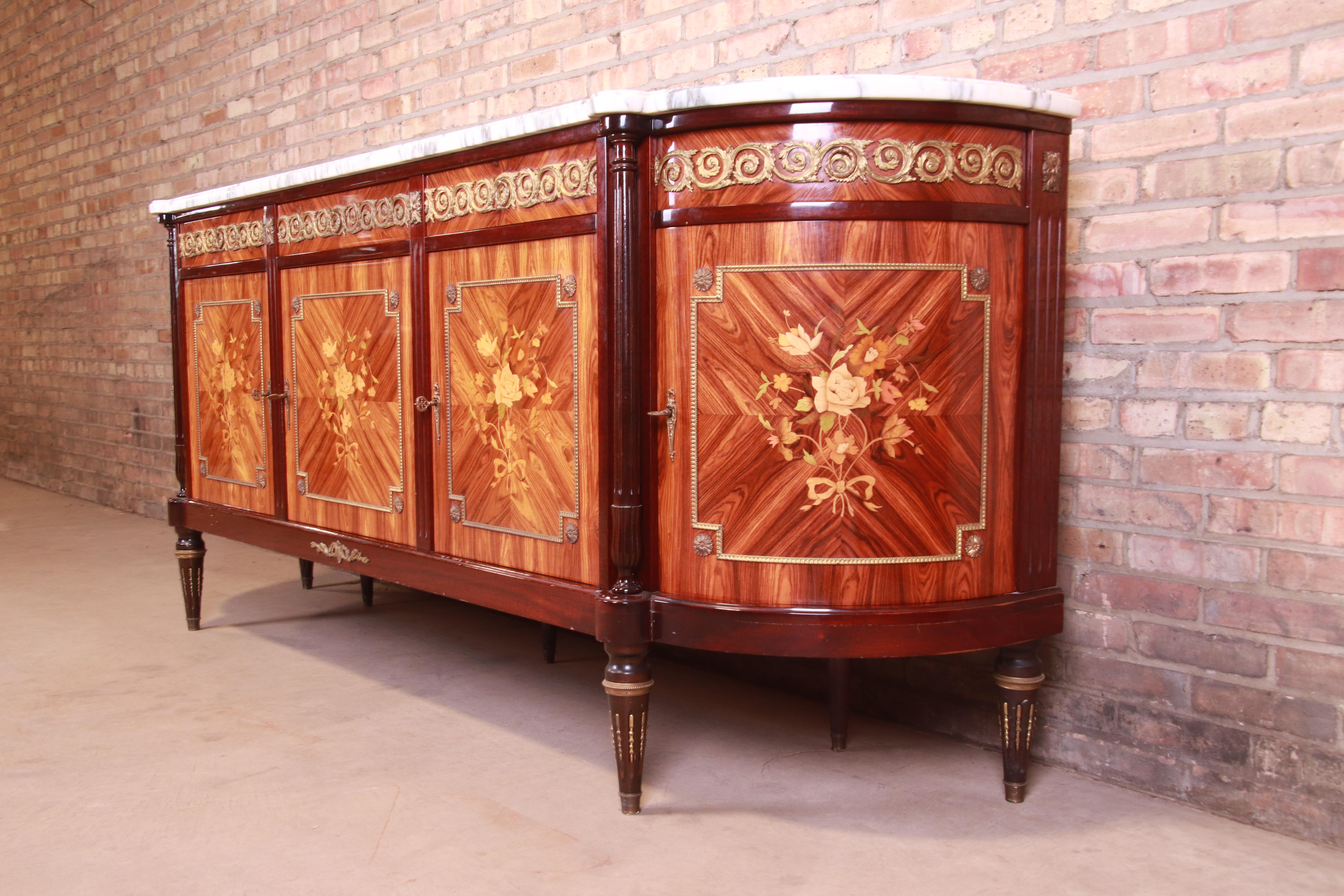 French Louis XVI Kingwood Inlaid Marquetry Marble Top Bronze Mounted Sideboard 12