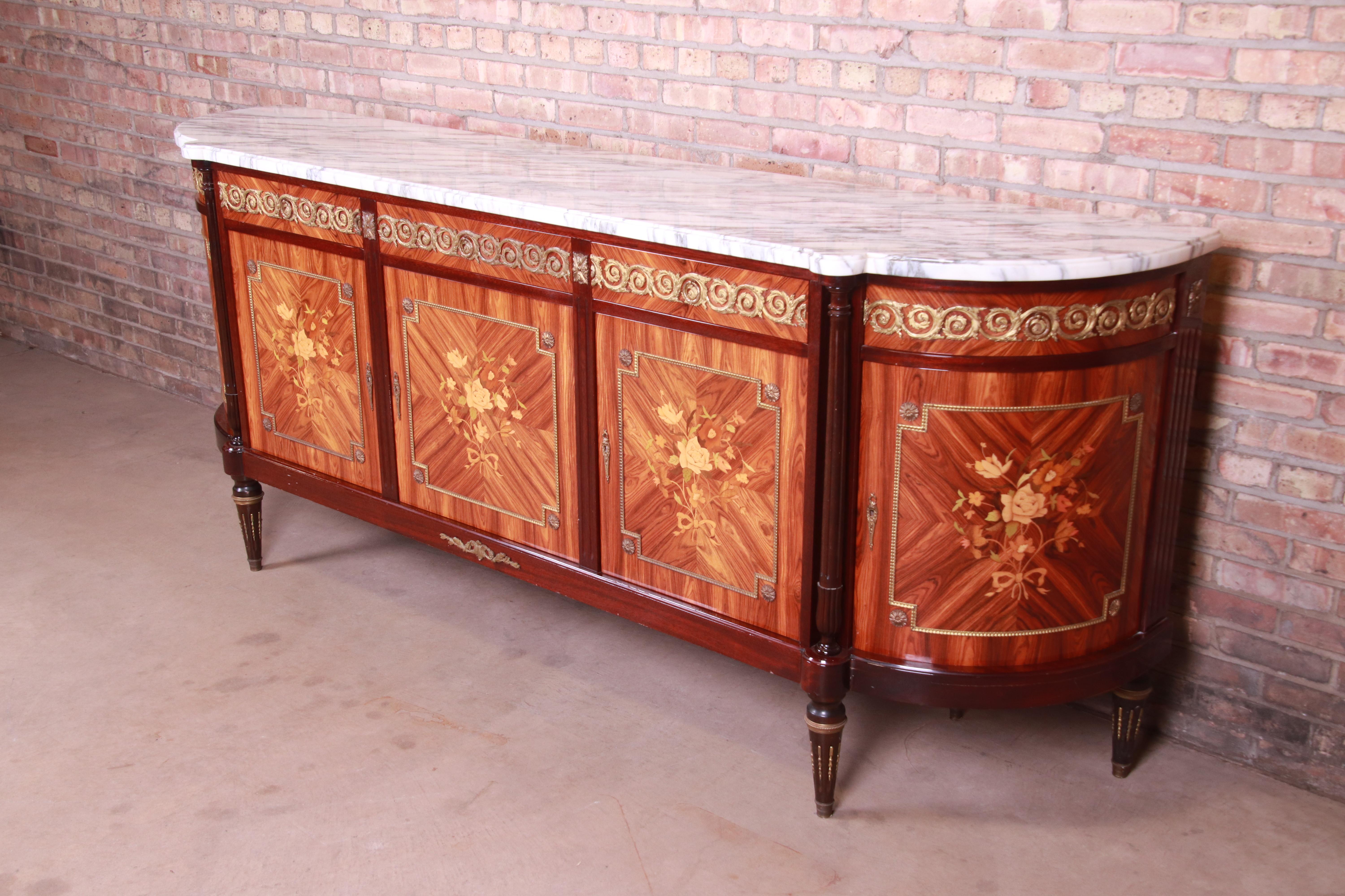French Louis XVI Kingwood Inlaid Marquetry Marble Top Bronze Mounted Sideboard In Good Condition In South Bend, IN