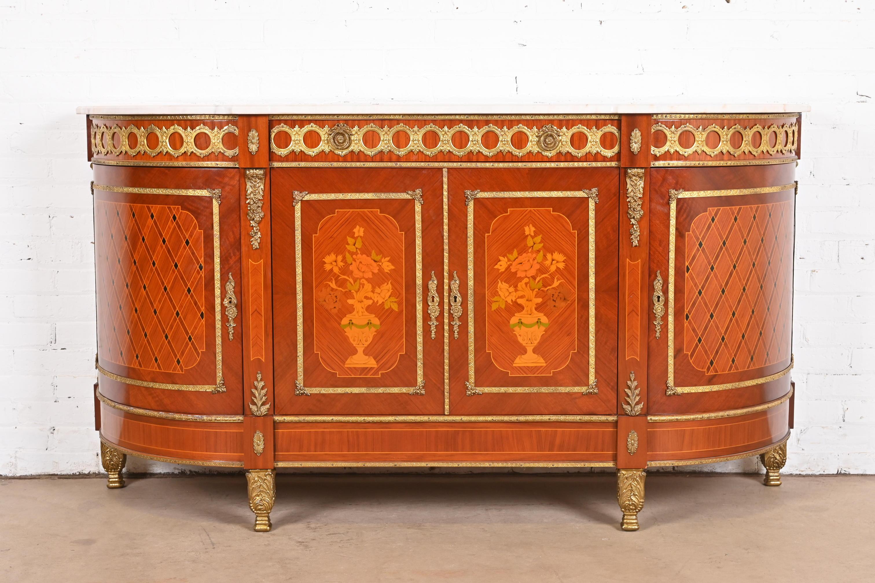 French Louis XVI Kingwood Inlaid Marquetry Marble Top Bronze Mounted Sideboard In Good Condition For Sale In South Bend, IN