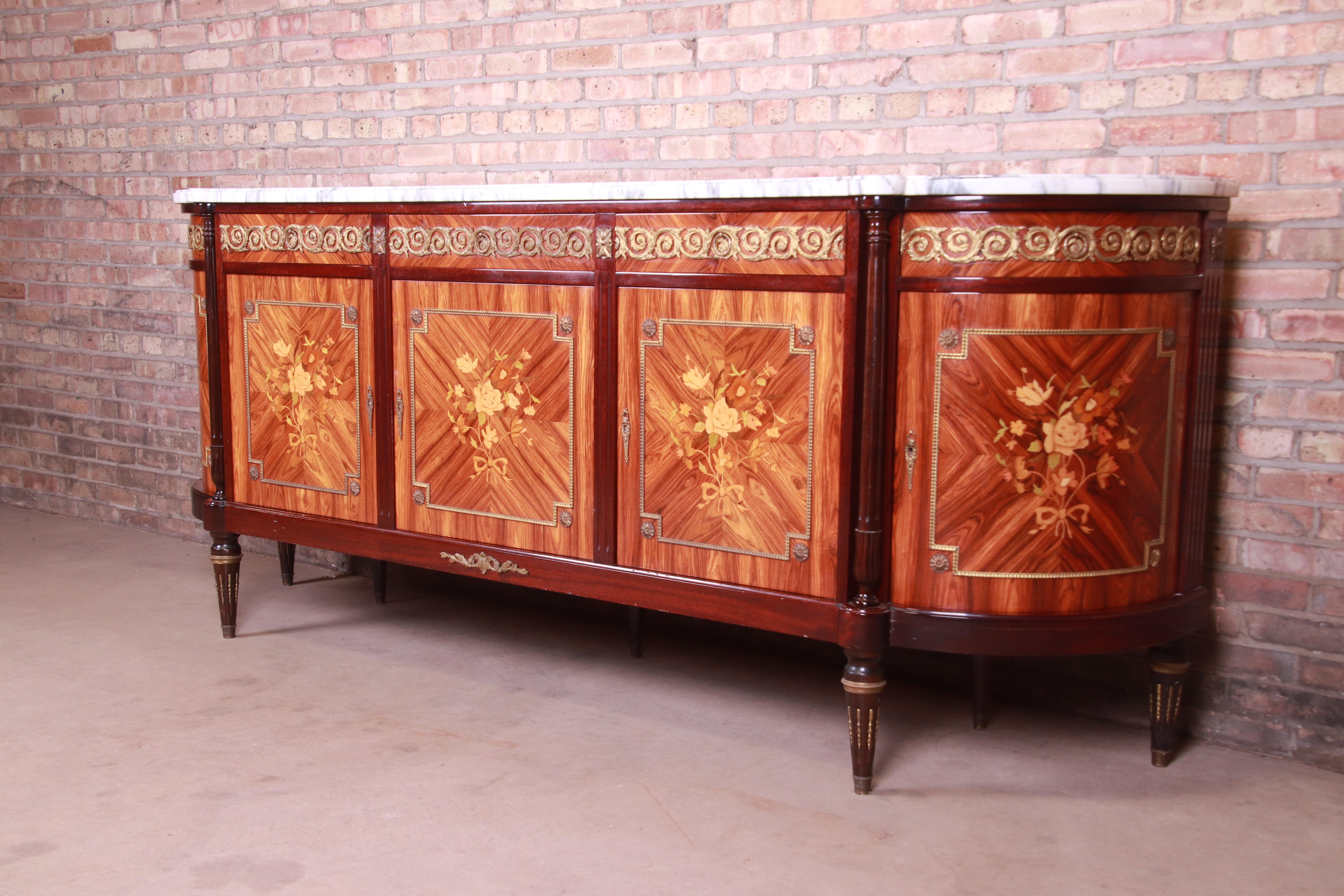 20th Century French Louis XVI Kingwood Inlaid Marquetry Marble Top Bronze Mounted Sideboard