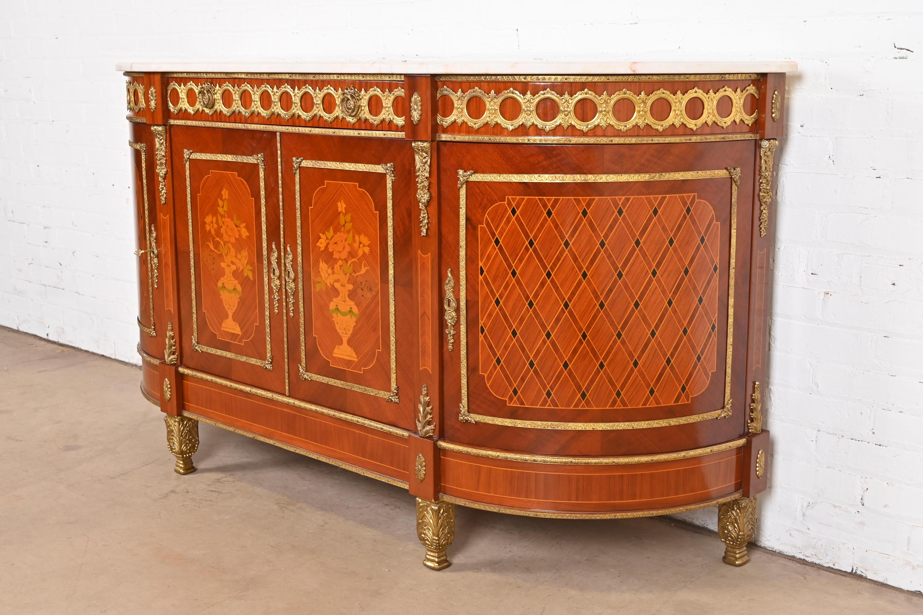 20th Century French Louis XVI Kingwood Inlaid Marquetry Marble Top Bronze Mounted Sideboard For Sale