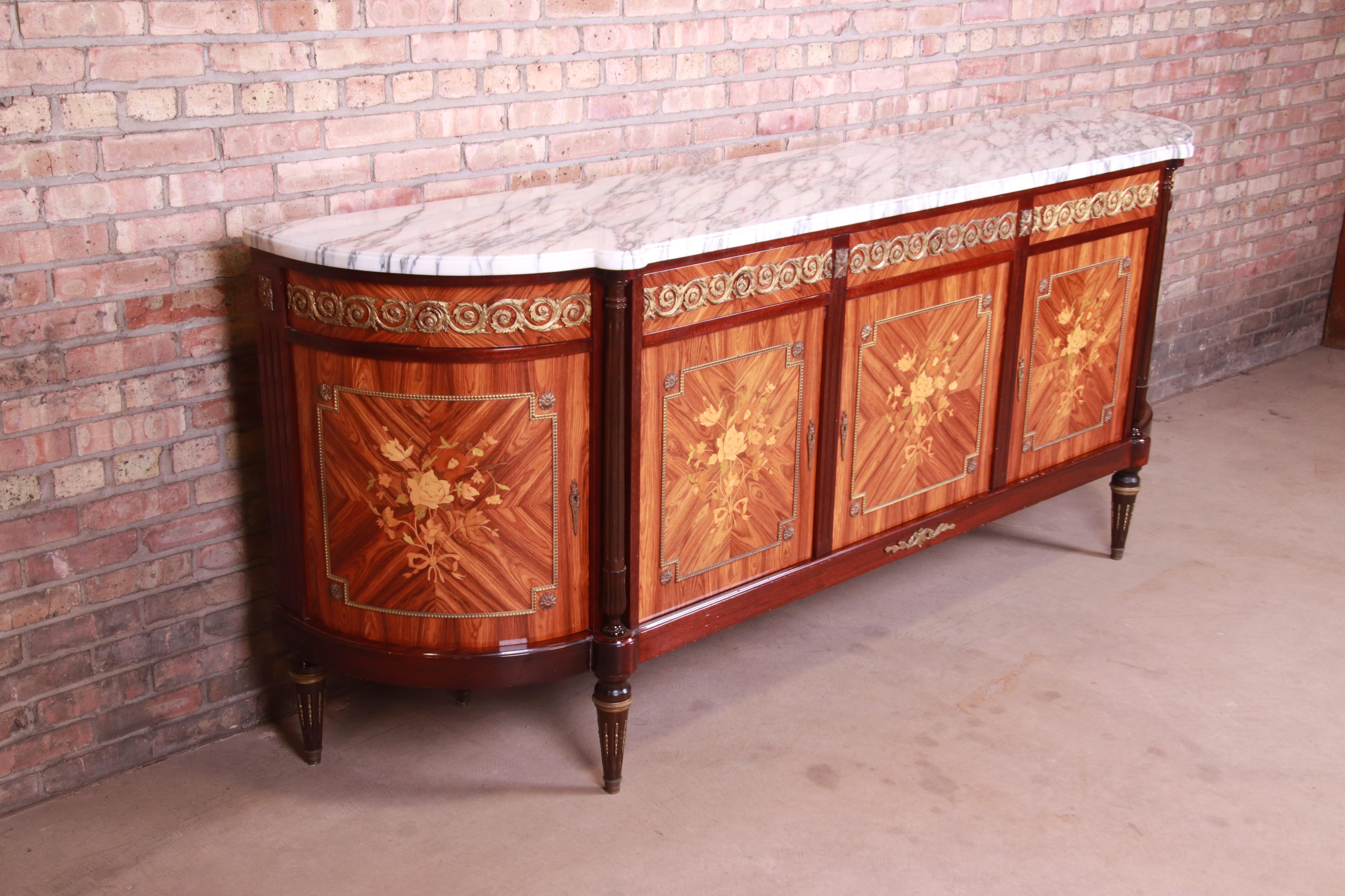 French Louis XVI Kingwood Inlaid Marquetry Marble Top Bronze Mounted Sideboard 1
