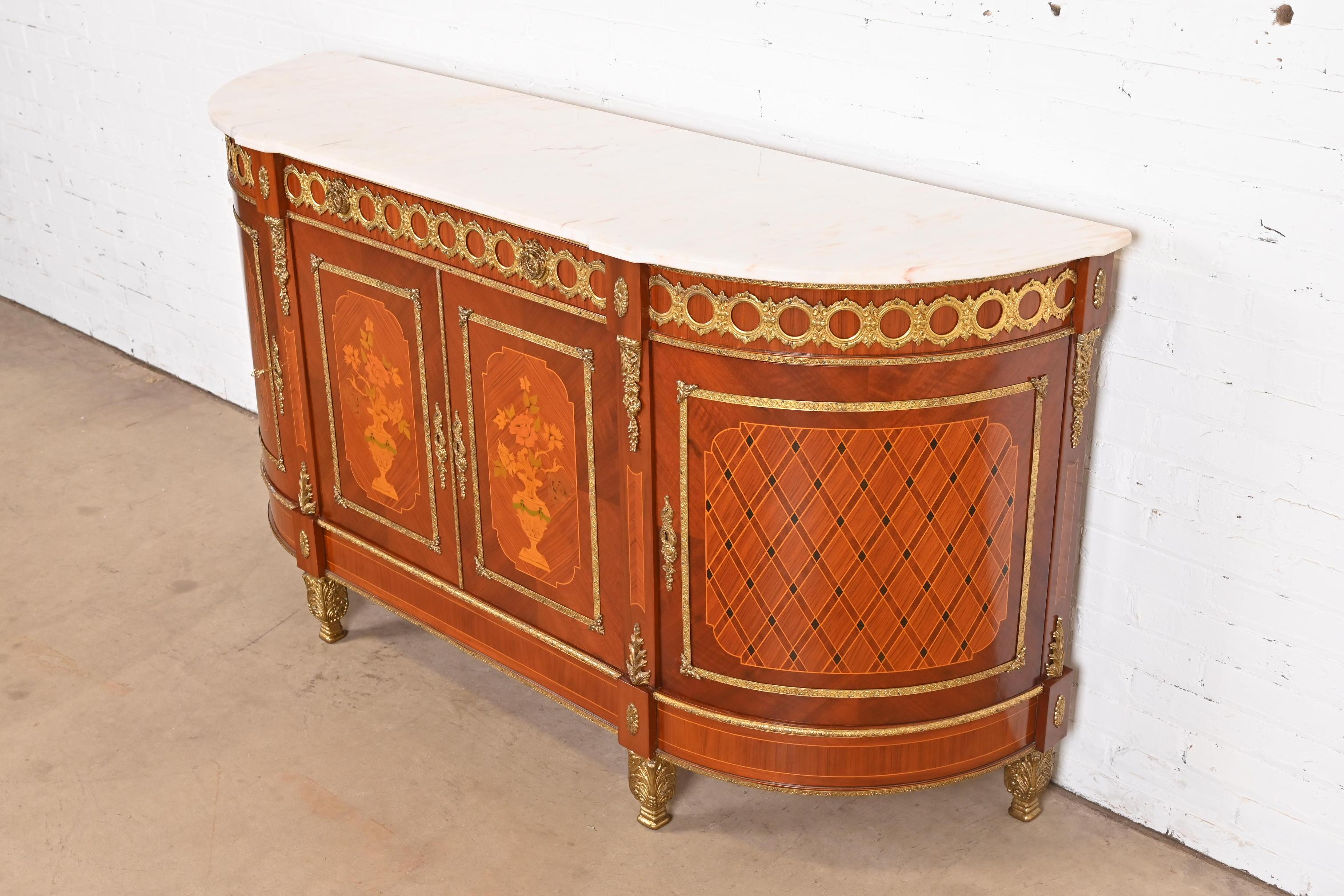 French Louis XVI Kingwood Inlaid Marquetry Marble Top Bronze Mounted Sideboard For Sale 1