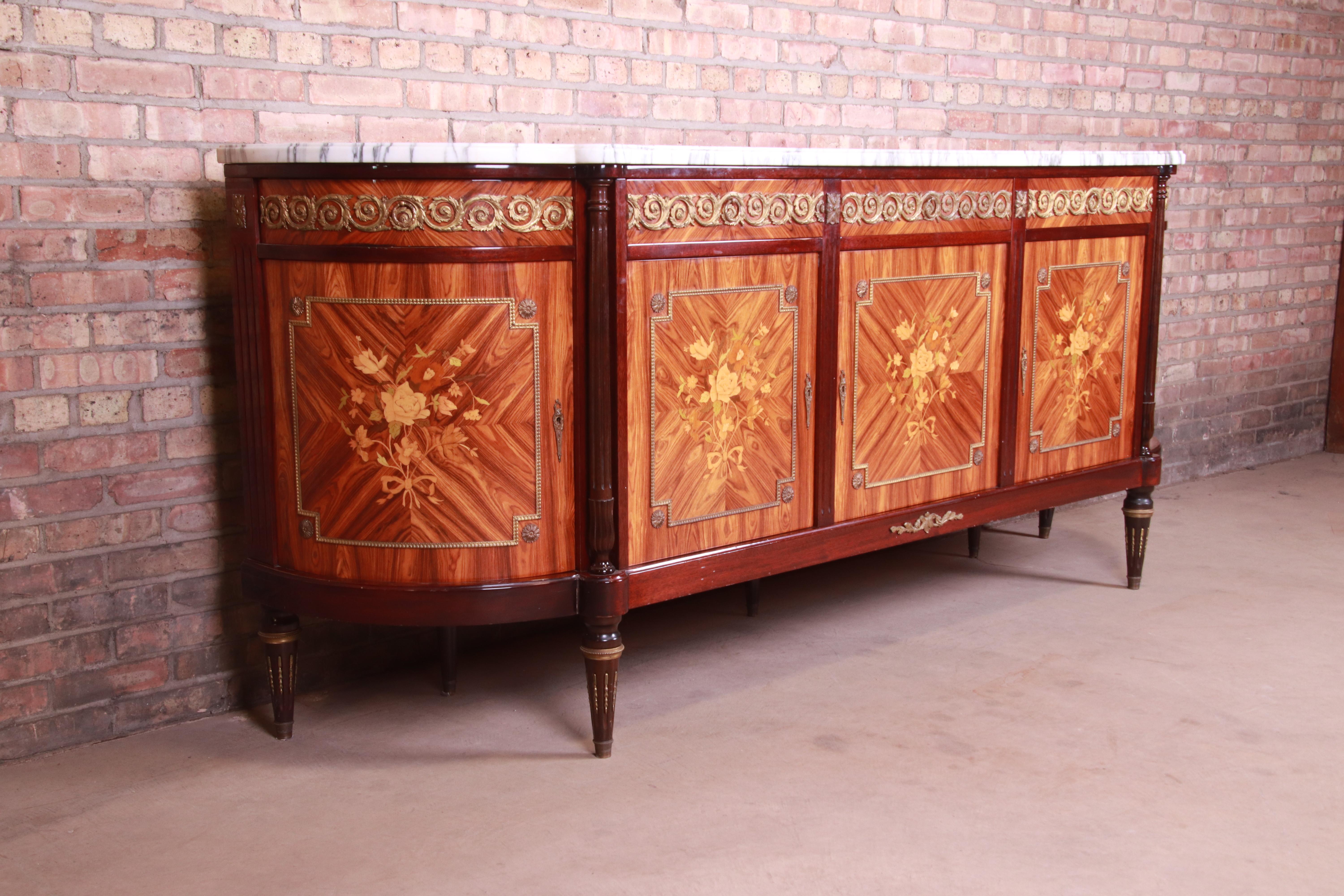 French Louis XVI Kingwood Inlaid Marquetry Marble Top Bronze Mounted Sideboard 2