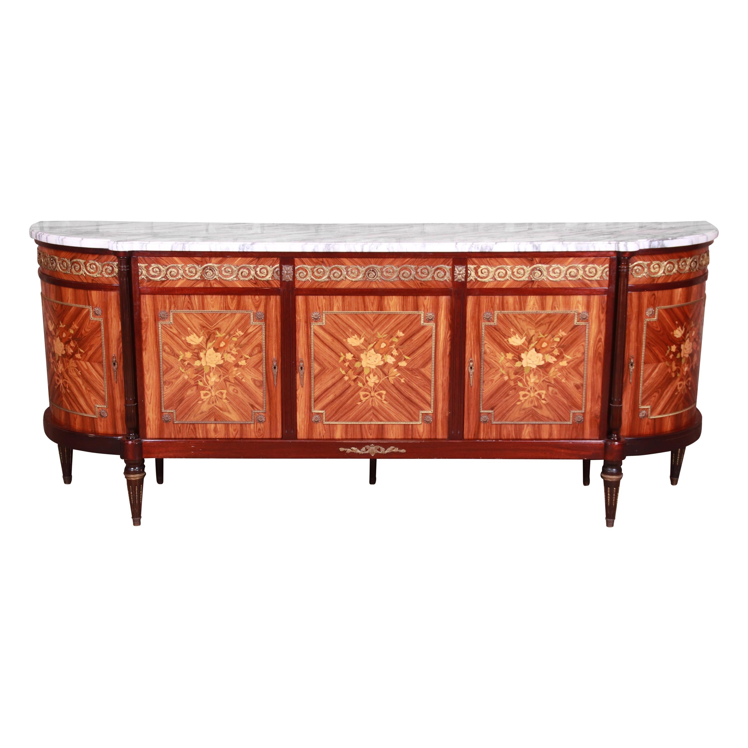 French Louis XVI Kingwood Inlaid Marquetry Marble Top Bronze Mounted Sideboard