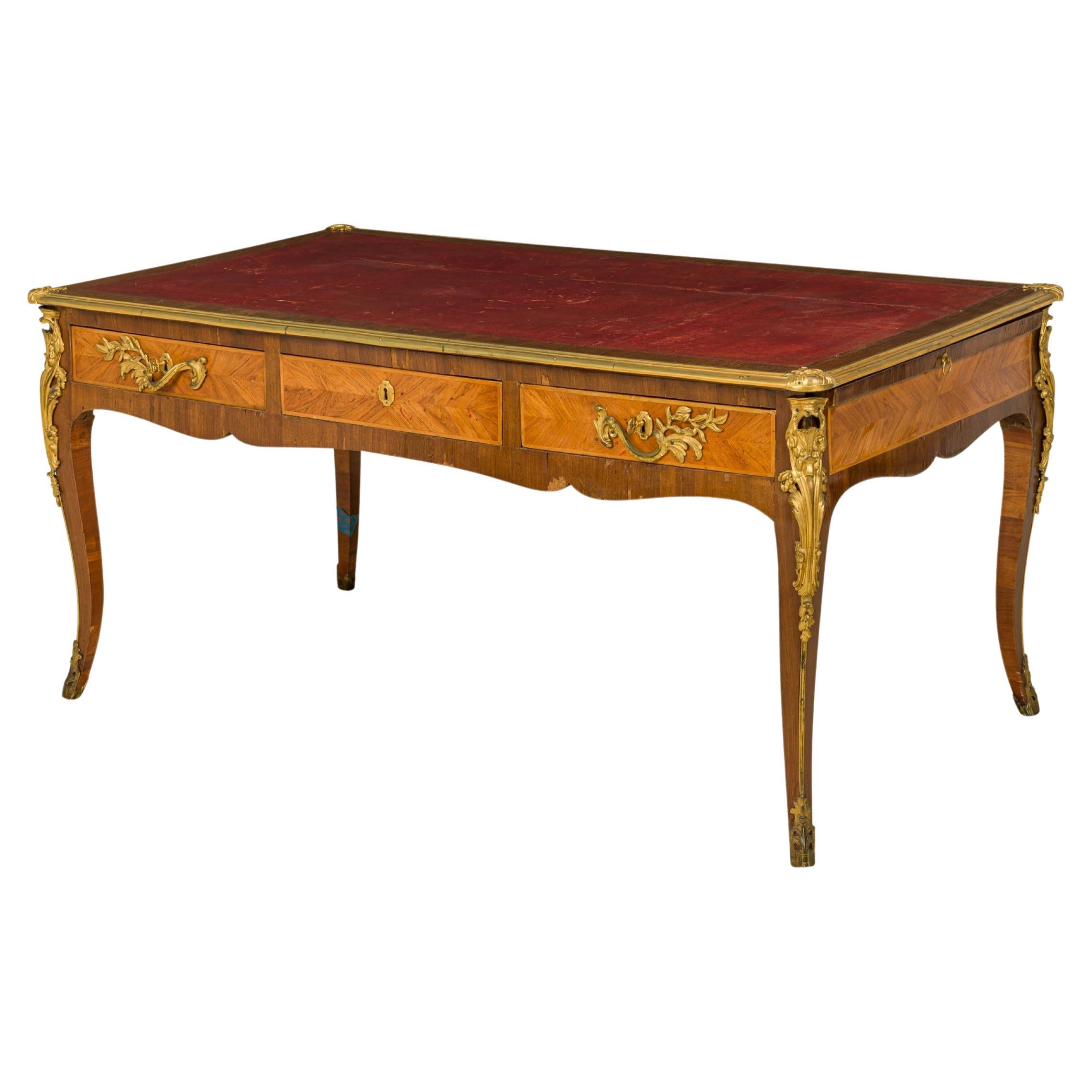 French Louis XVI Kingwood Veneer, Ormolu, and Red Leather Writing Desk For Sale