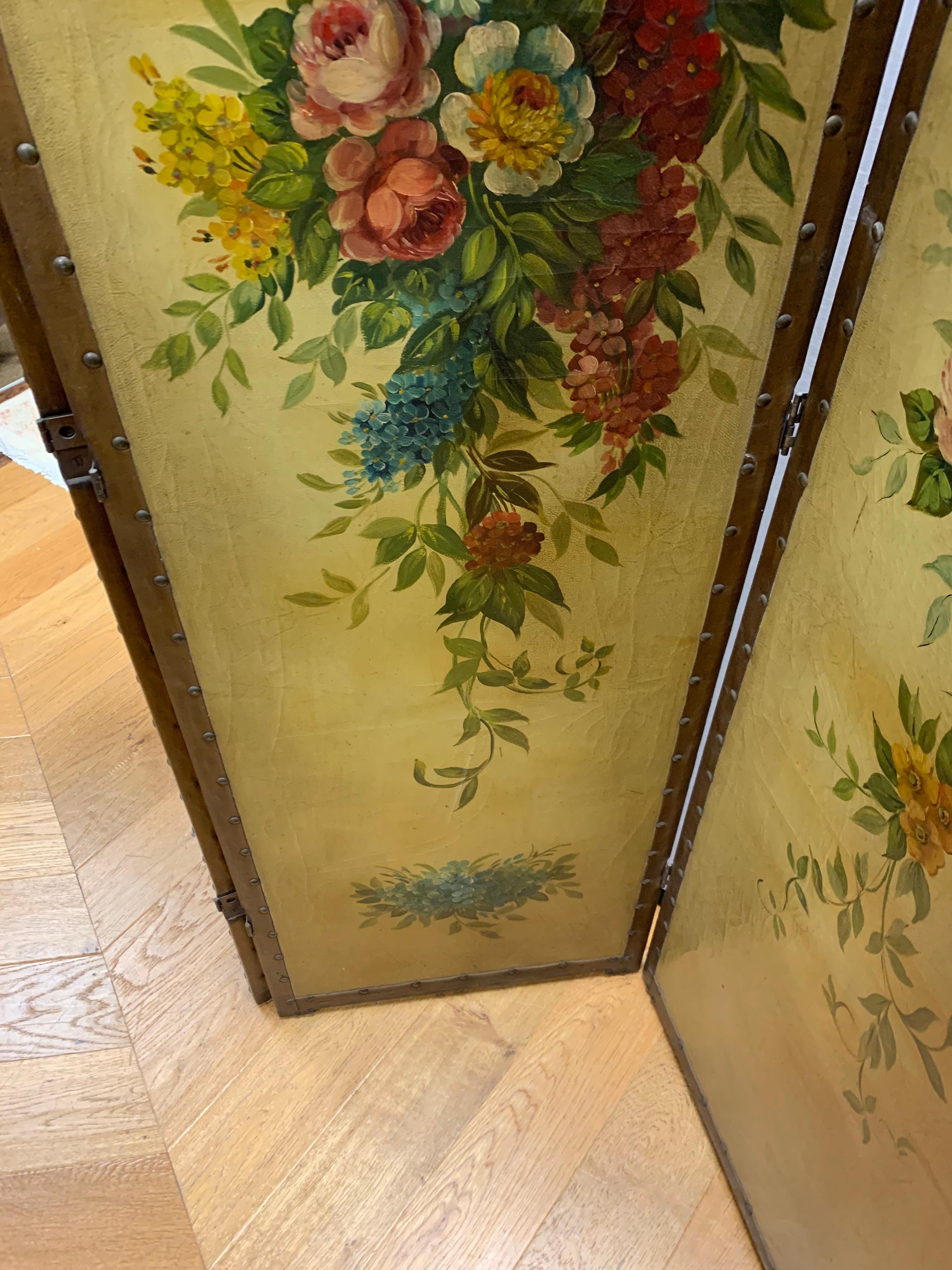 French Louis XVI Leather and Hand Painted Three Panel Screen Expandable 2