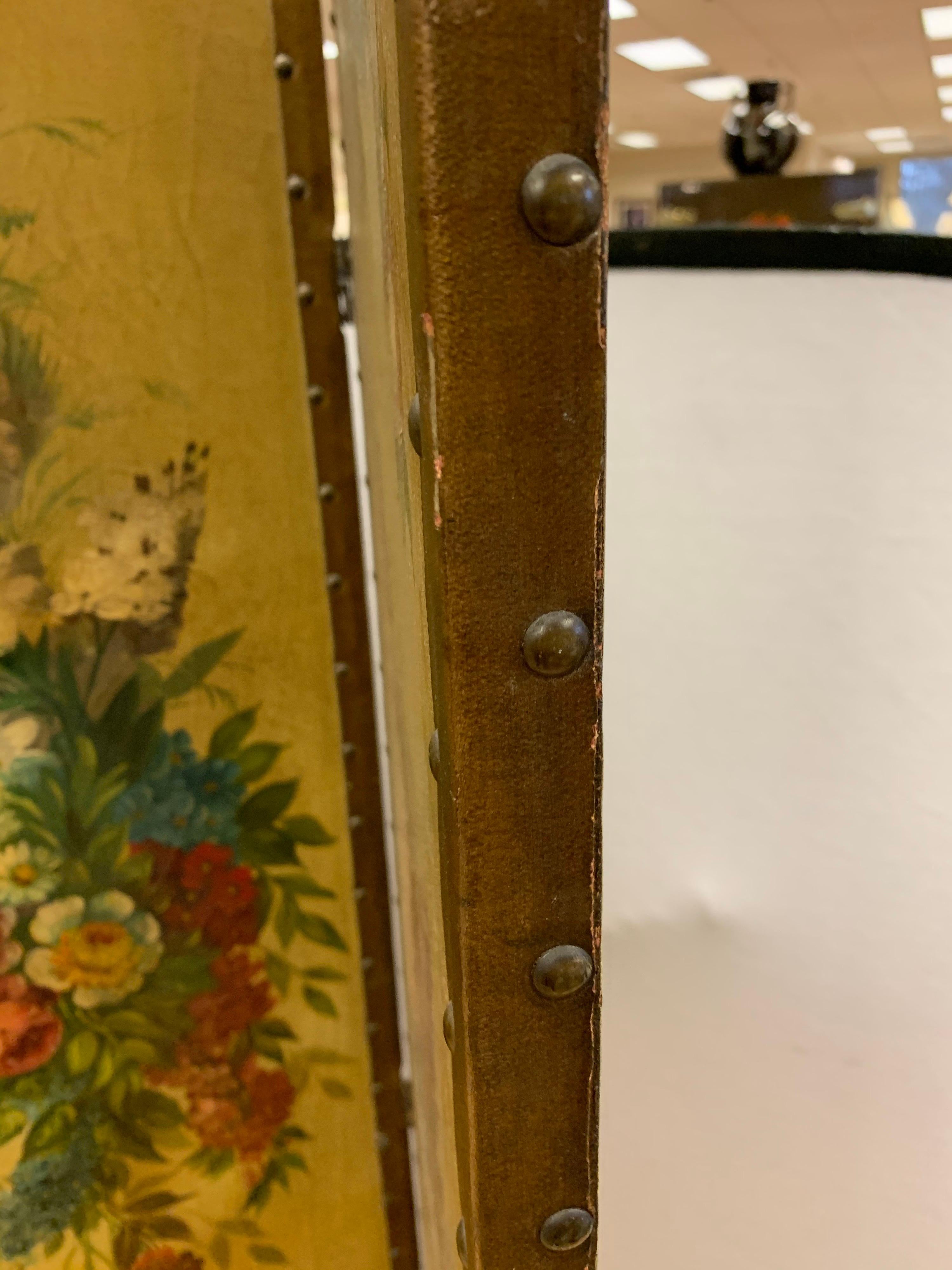 French Louis XVI Leather and Hand Painted Three Panel Screen Expandable 7