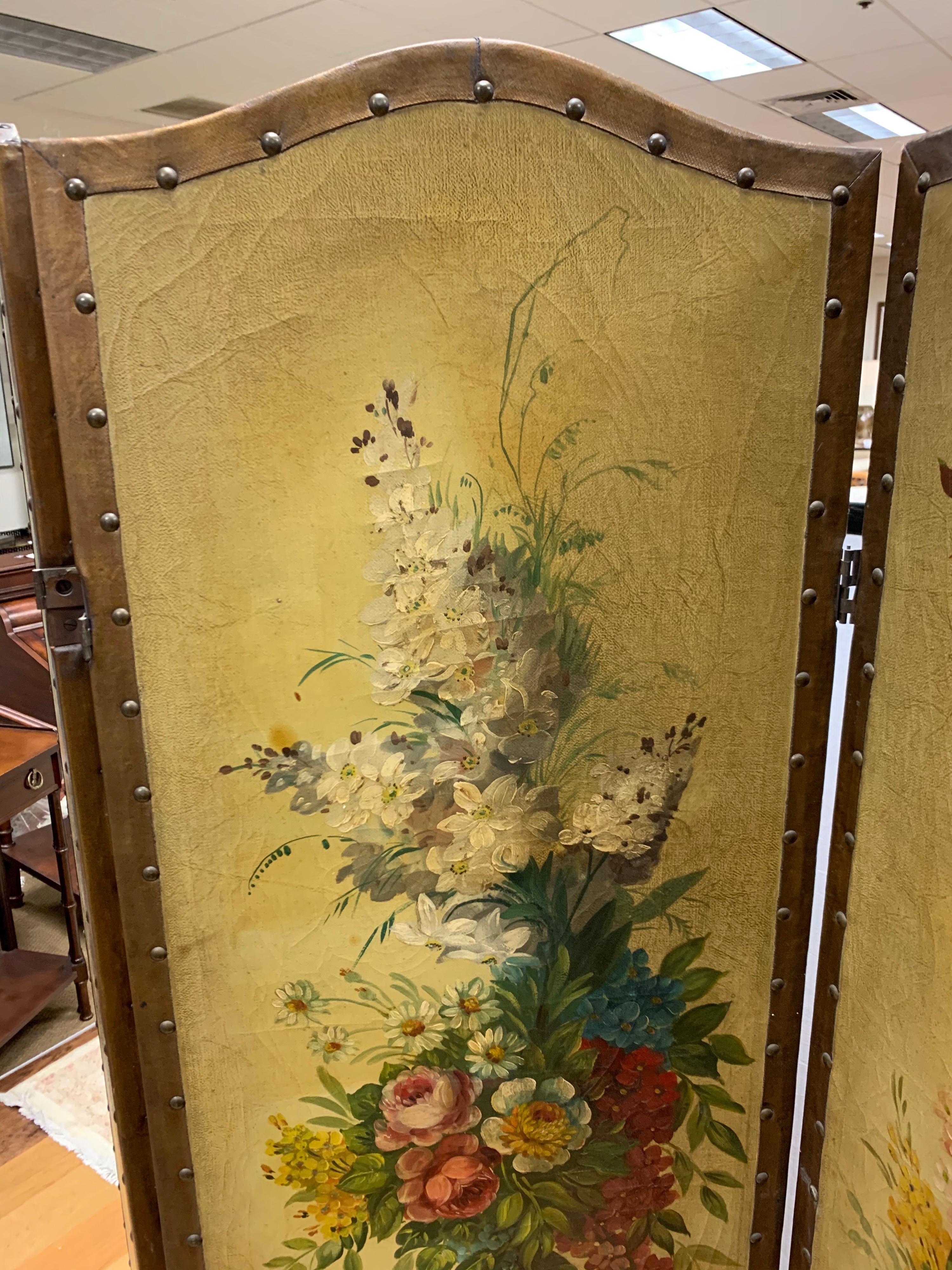 French Louis XVI Leather and Hand Painted Three Panel Screen Expandable In Good Condition In West Hartford, CT