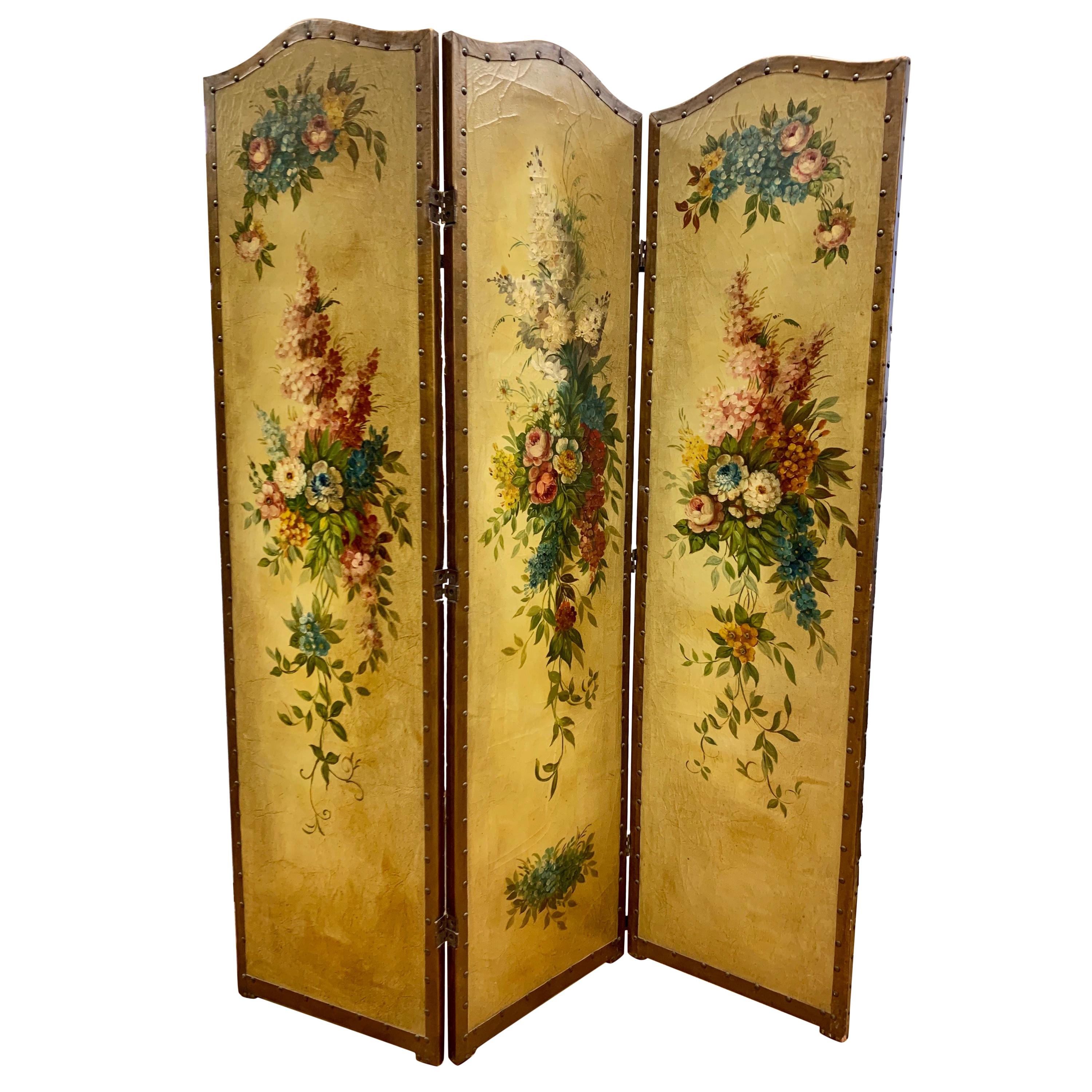 French Louis XVI Leather and Hand Painted Three Panel Screen Expandable