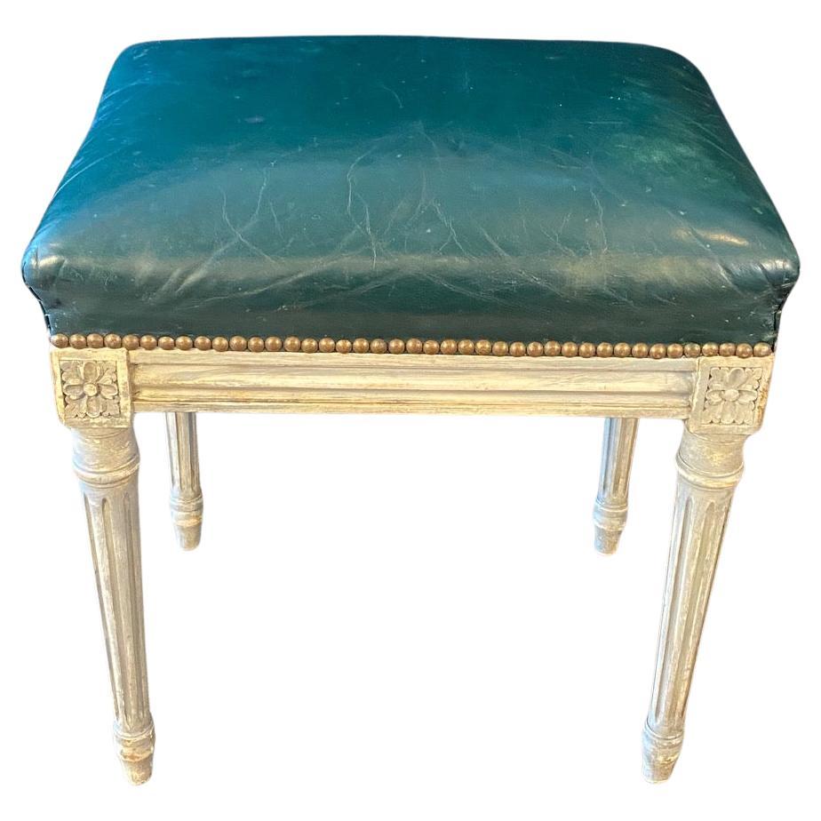Banc ou pouf français Louis XVI en cuir avec peinture d'origine