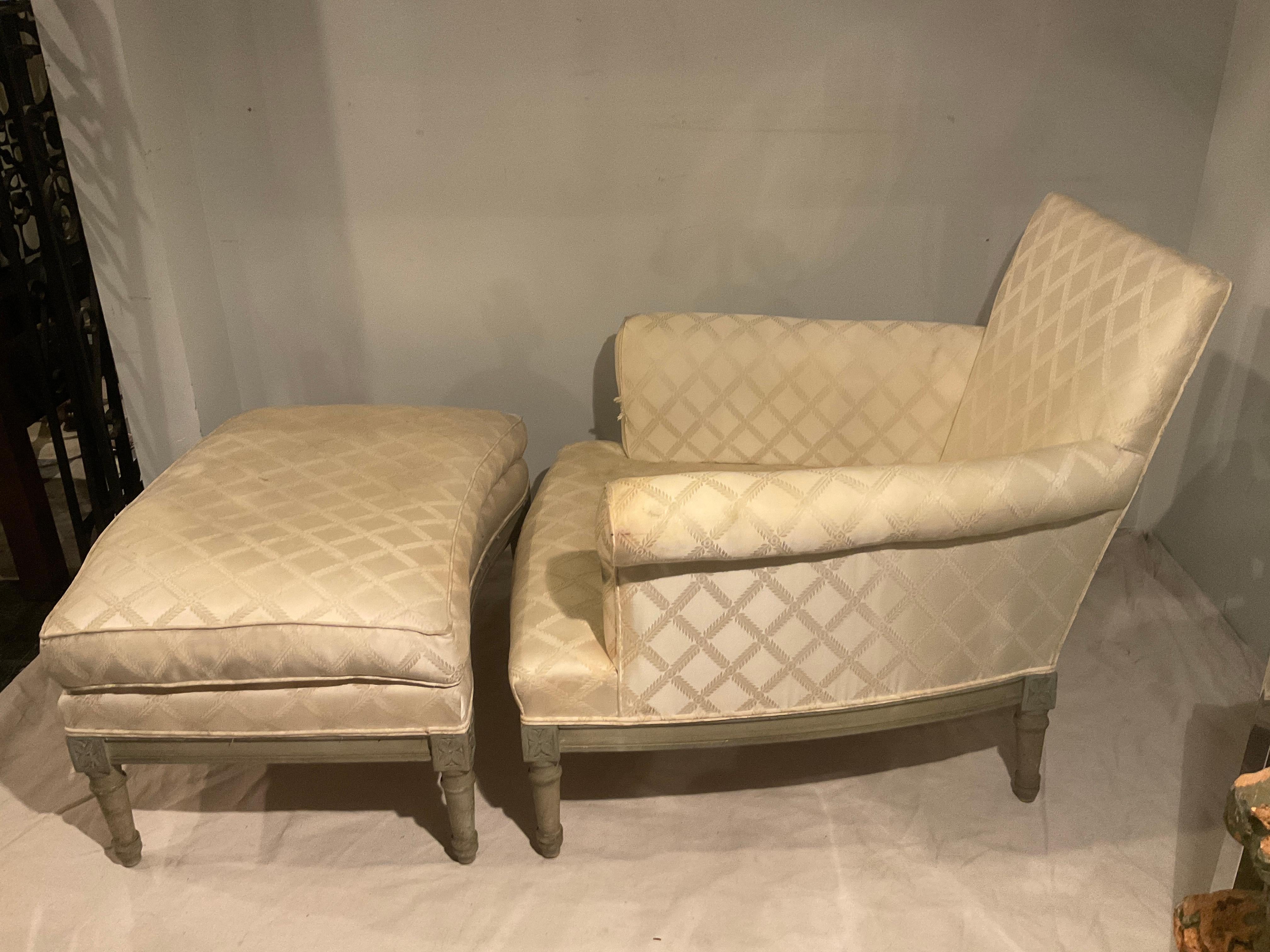 1950s French lounge chair and curved ottoman.
Chair needs reupholstering. Chair had wood filler applied on frame, as seen in image 10. Needs to be better repaired.