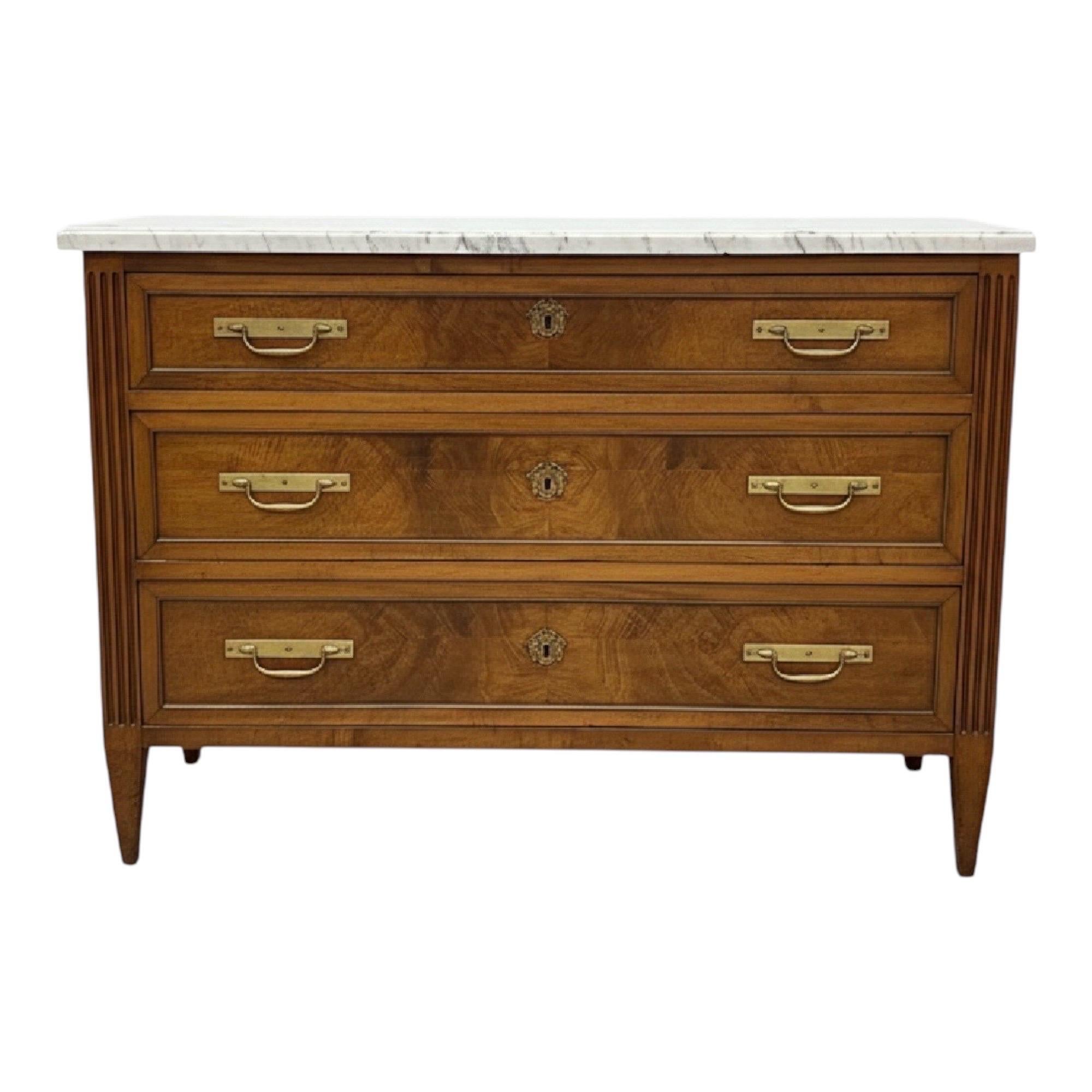French Louis XVI Mahogany Commode / Chest Bronze Accent with Marble Top 18th Cen For Sale