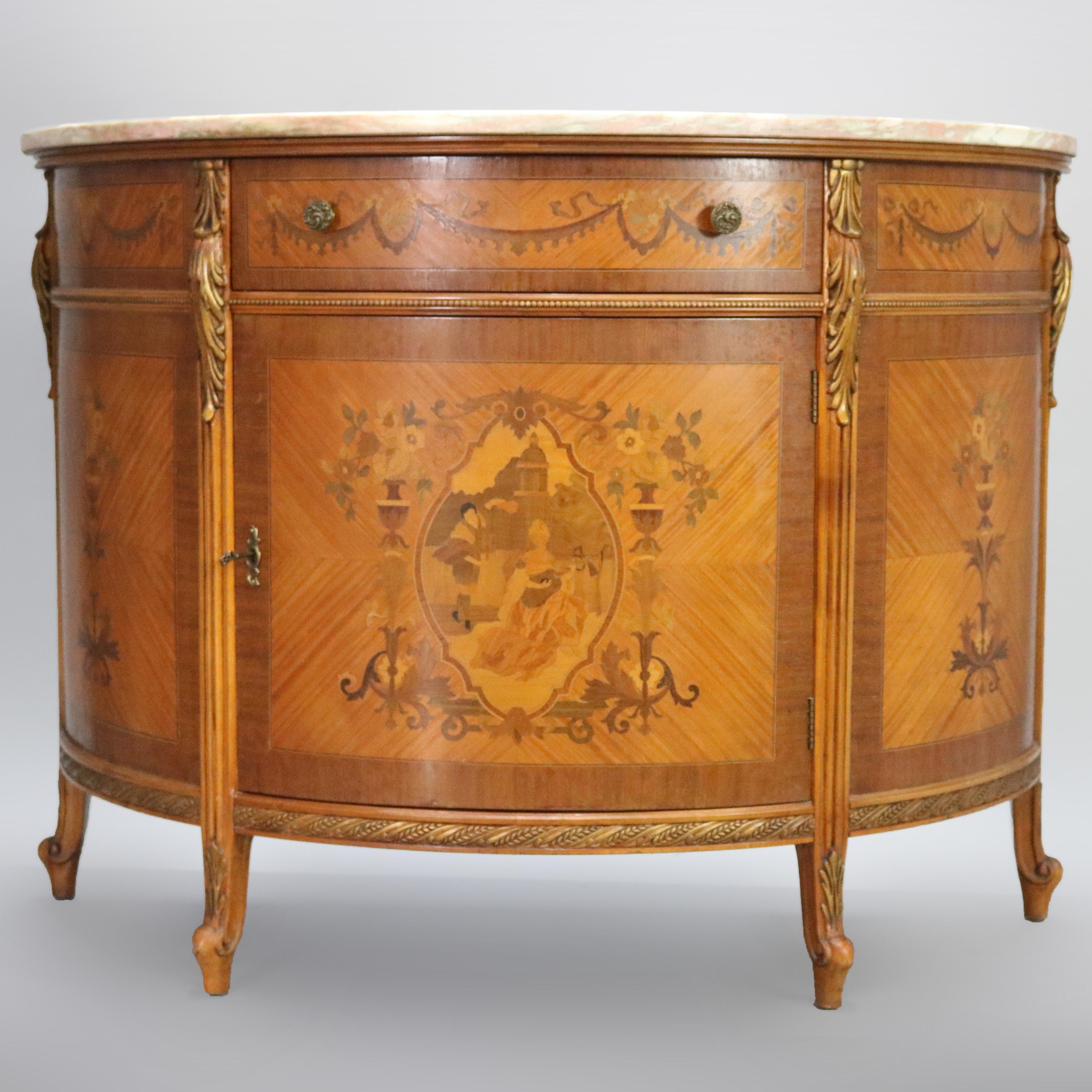 French Louis XVI Mahogany Marquetry Satinwood Inlaid Demilune Credenza In Good Condition In Big Flats, NY