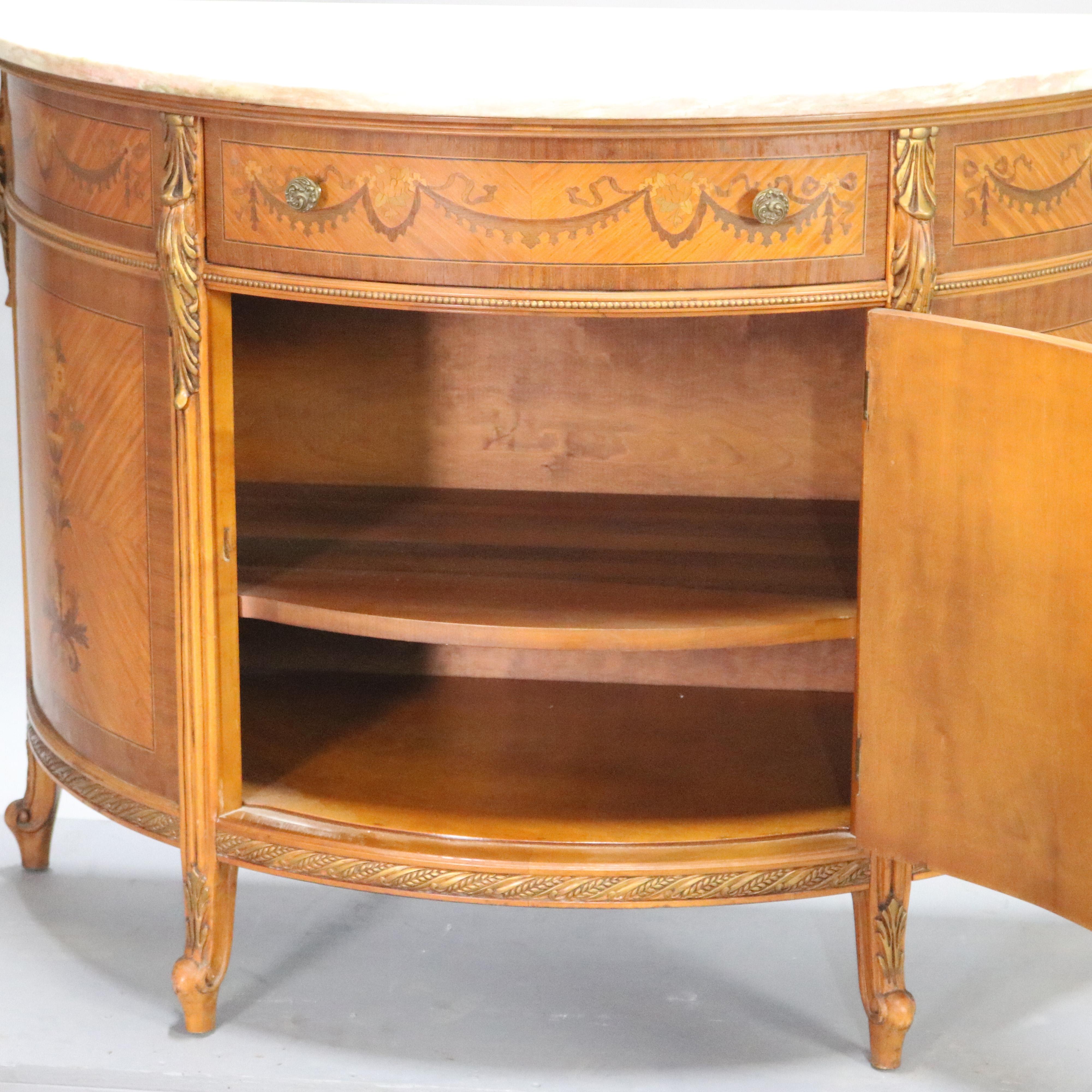 20th Century French Louis XVI Mahogany Marquetry Satinwood Inlaid Demilune Credenza
