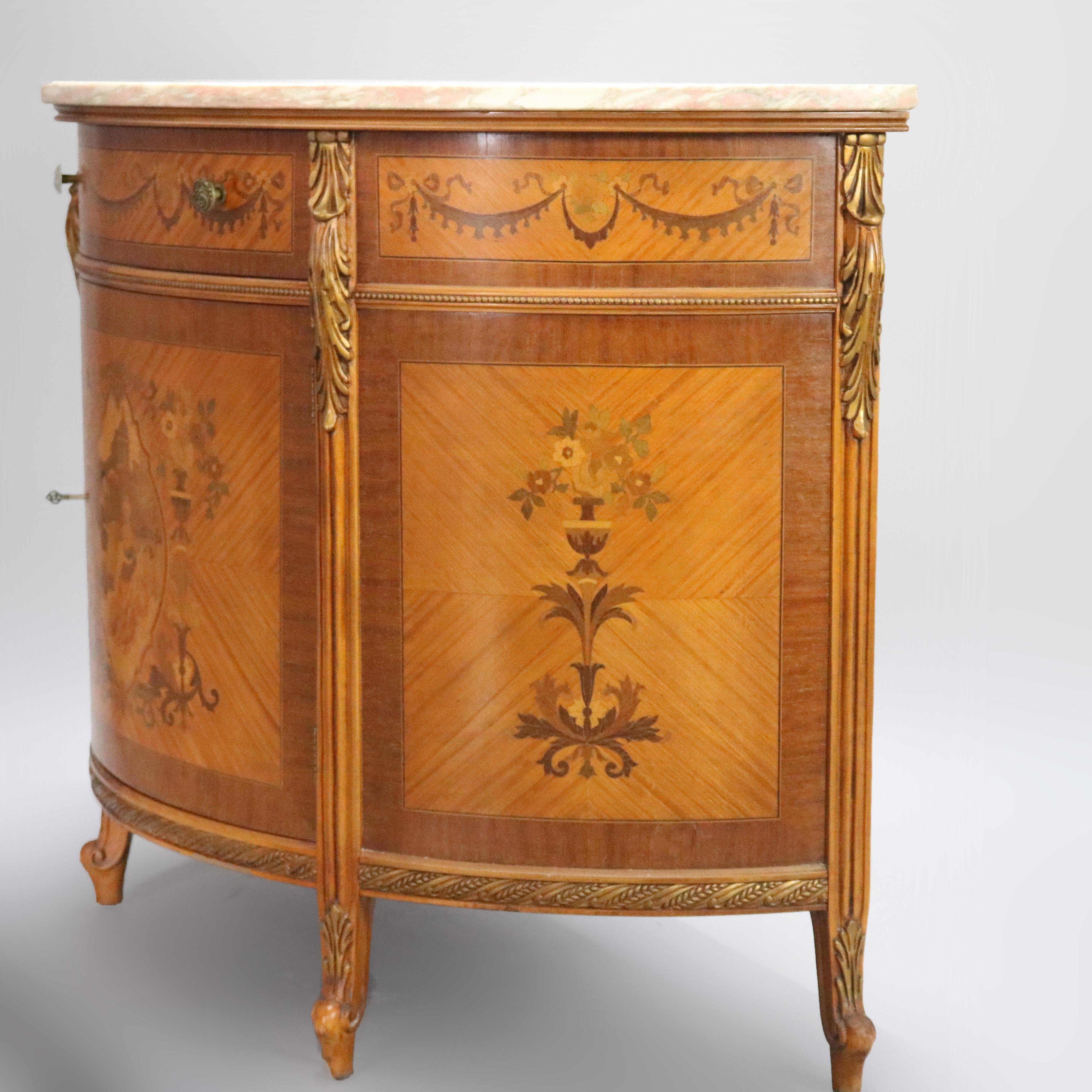 Marble French Louis XVI Mahogany Marquetry Satinwood Inlaid Demilune Credenza