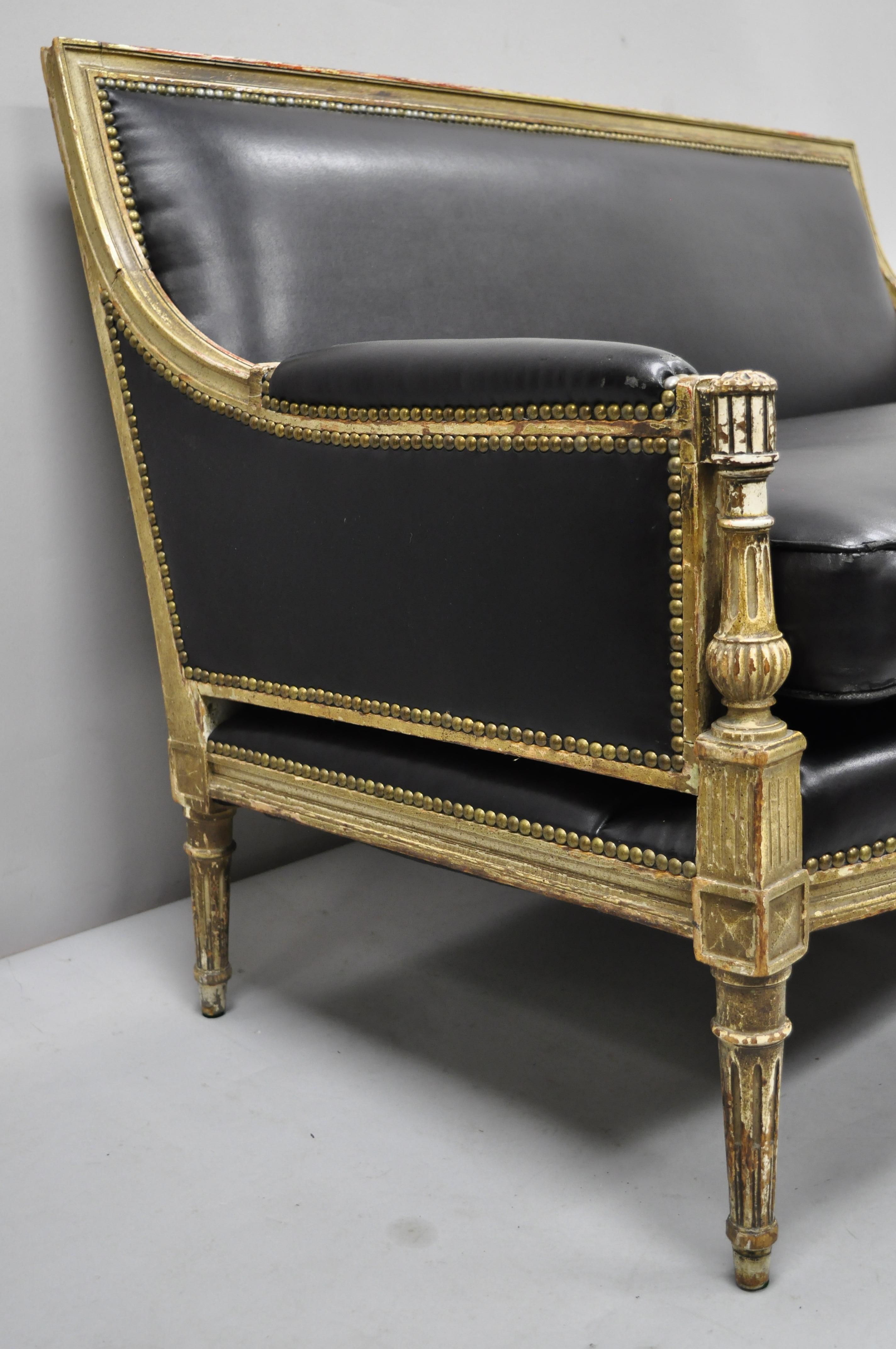 French Louis XVI Maison Jansen Style Distress Paint Parcel-Gilt Settee Loveseat In Distressed Condition In Philadelphia, PA