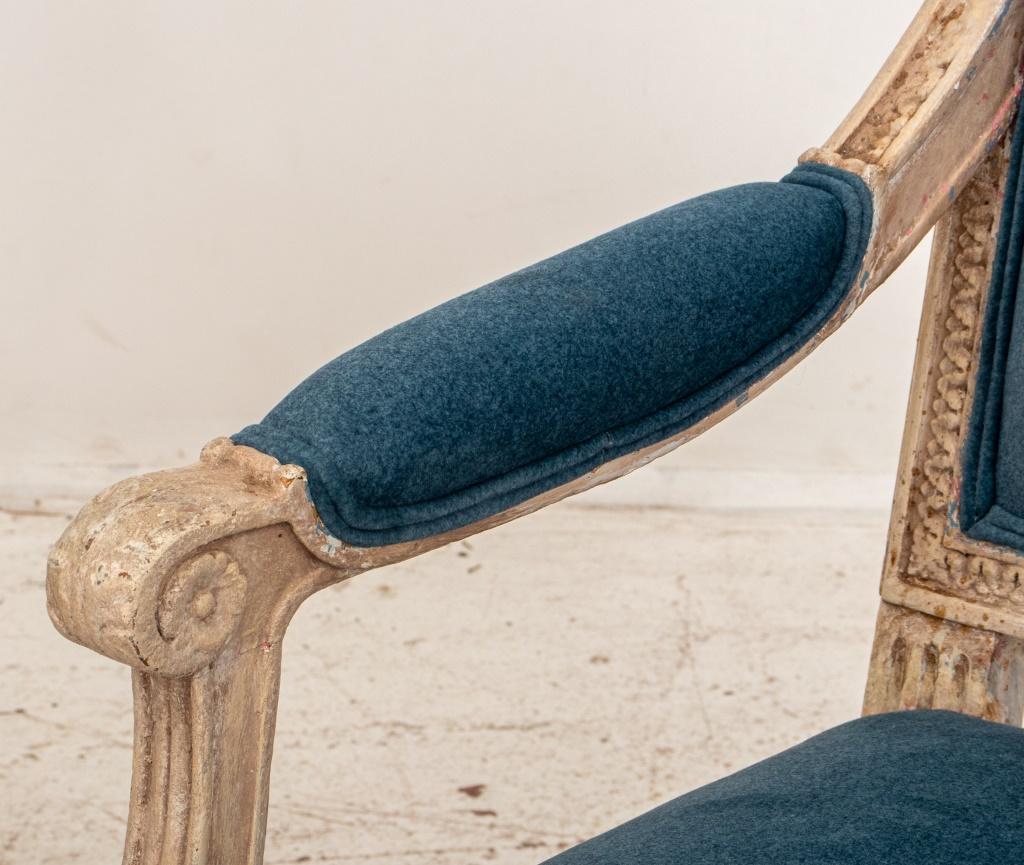French Louis XVI Manner Velvet Upholstered Armchair, Pair For Sale 1