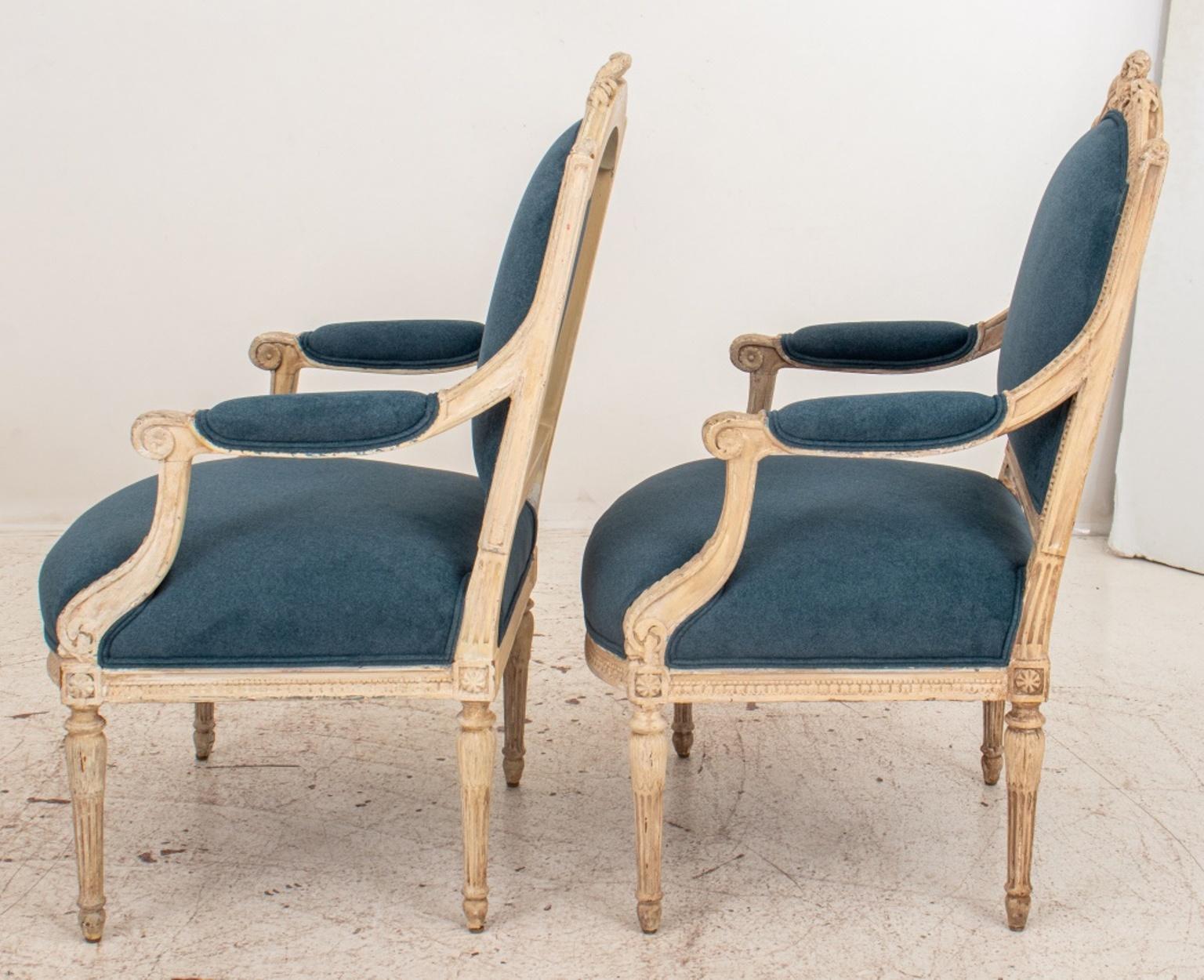French Louis XVI Manner Velvet Upholstered Armchair, Pair For Sale 2