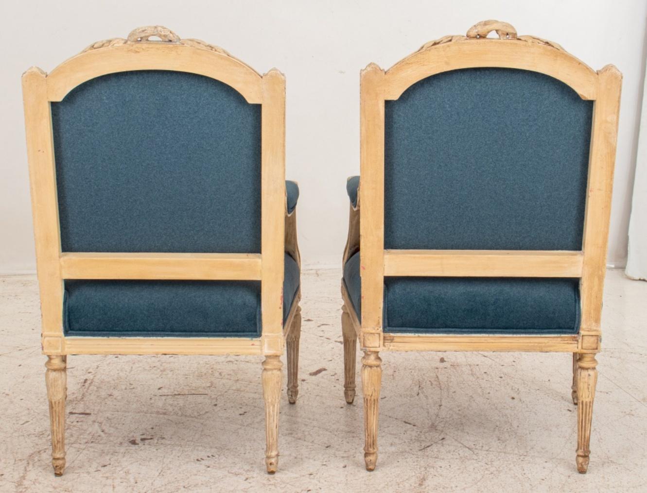 French Louis XVI Manner Velvet Upholstered Armchair, Pair For Sale 3