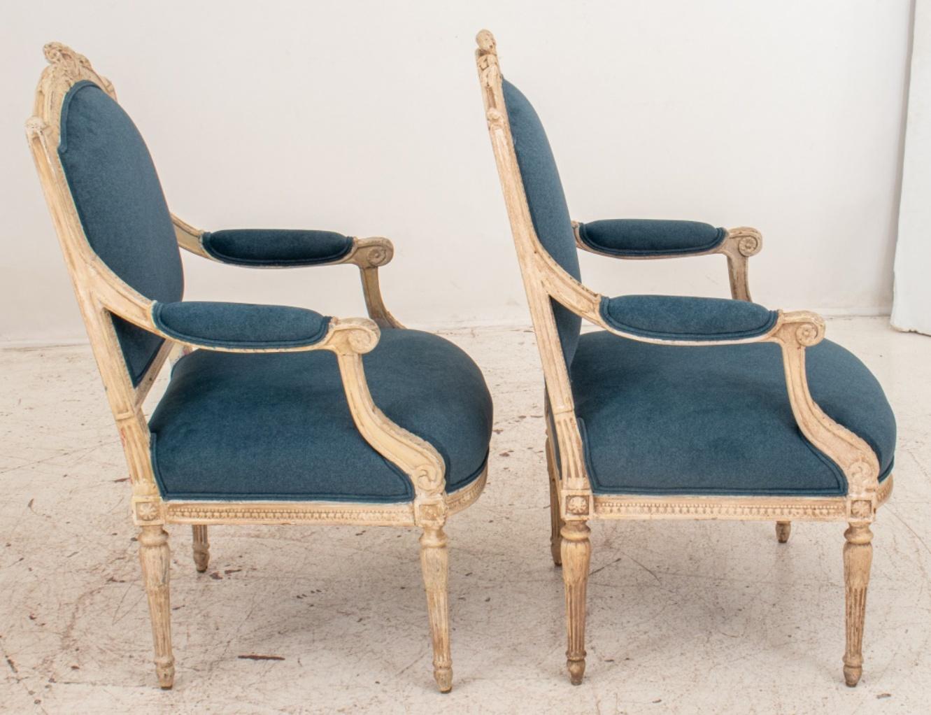 French Louis XVI Manner Velvet Upholstered Armchair, Pair For Sale 4