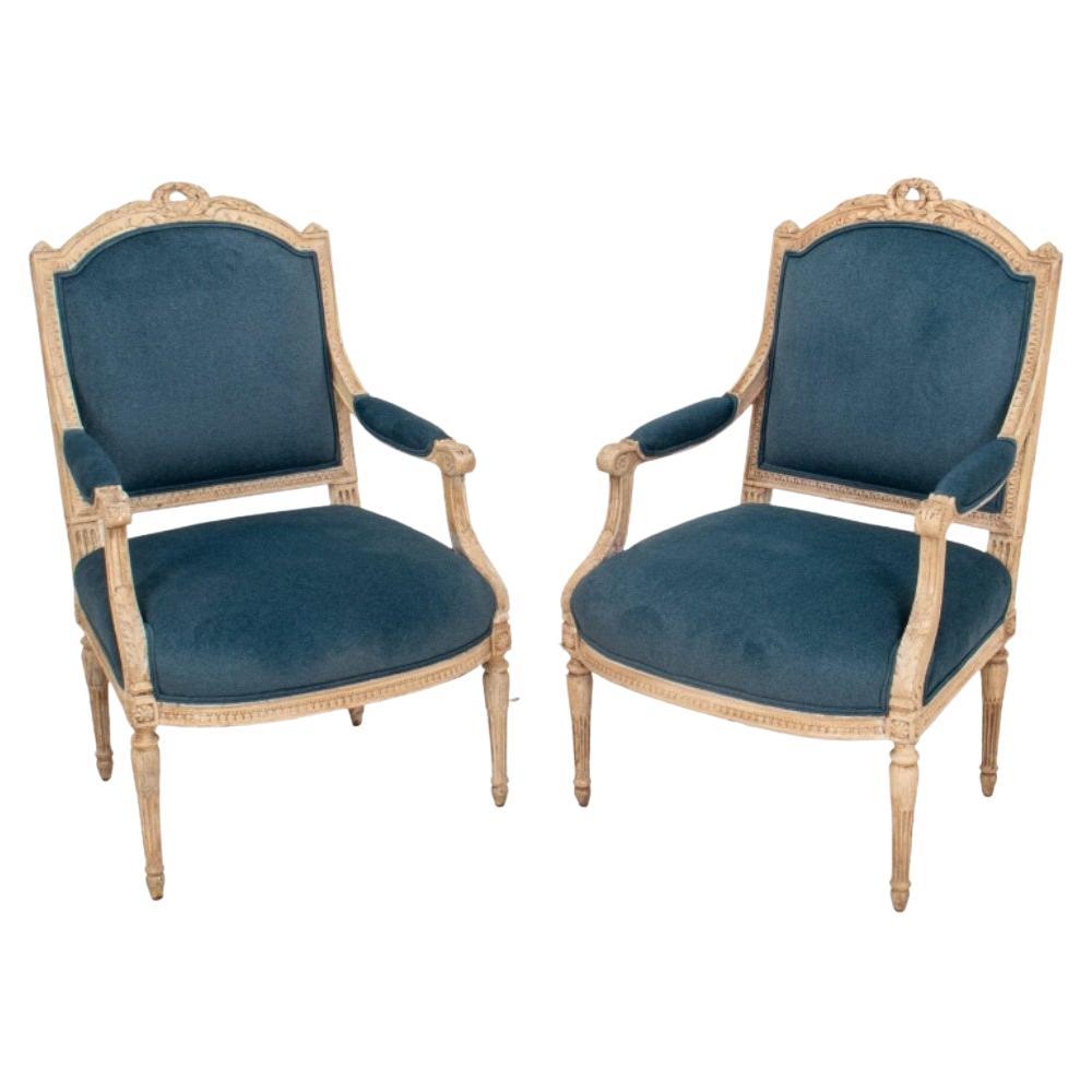 French Louis XVI Manner Velvet Upholstered Armchair, Pair For Sale