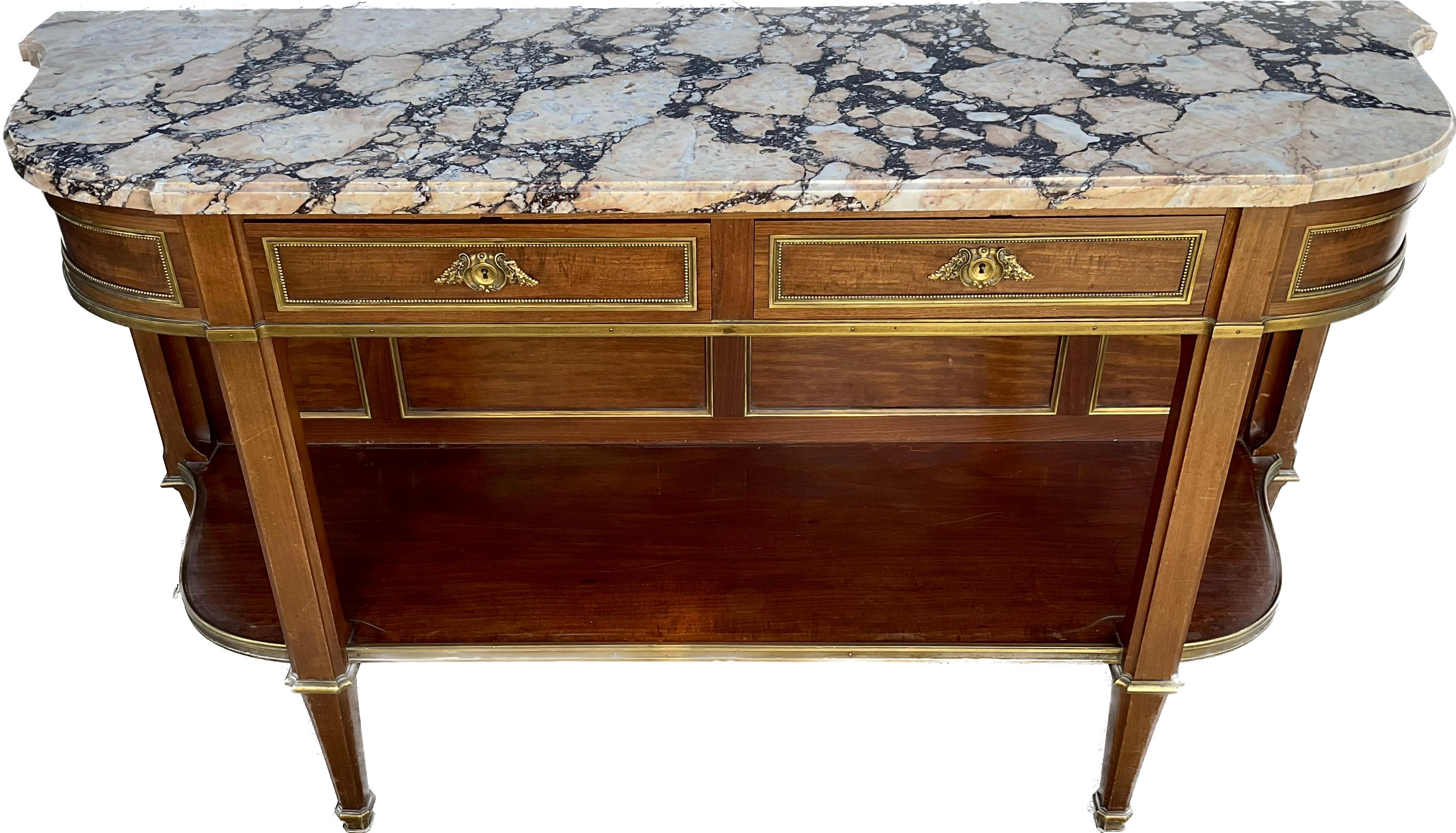French Louis XVI Marble Top and Bronze Mounted Open Shelf Sideboard Buffet In Good Condition For Sale In Bradenton, FL