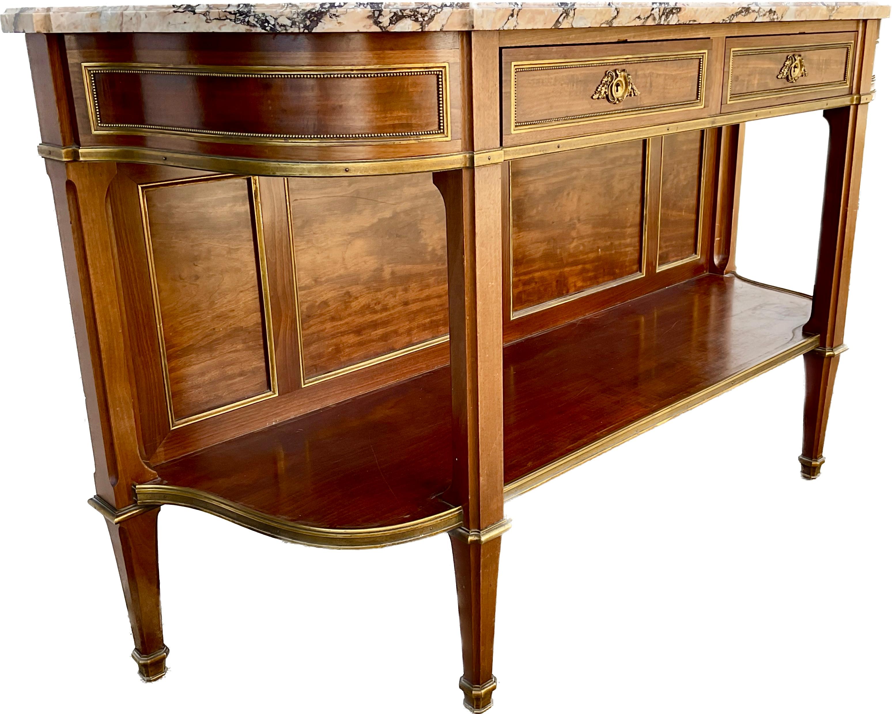 French Louis XVI Marble Top and Bronze Mounted Open Shelf Sideboard Buffet For Sale 1
