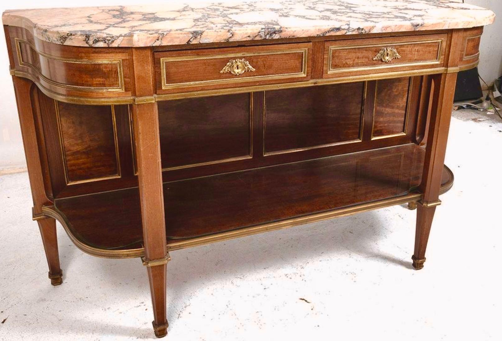 French Louis XVI Marble Top and Bronze Mounted Open Shelf Sideboard Buffet For Sale 5