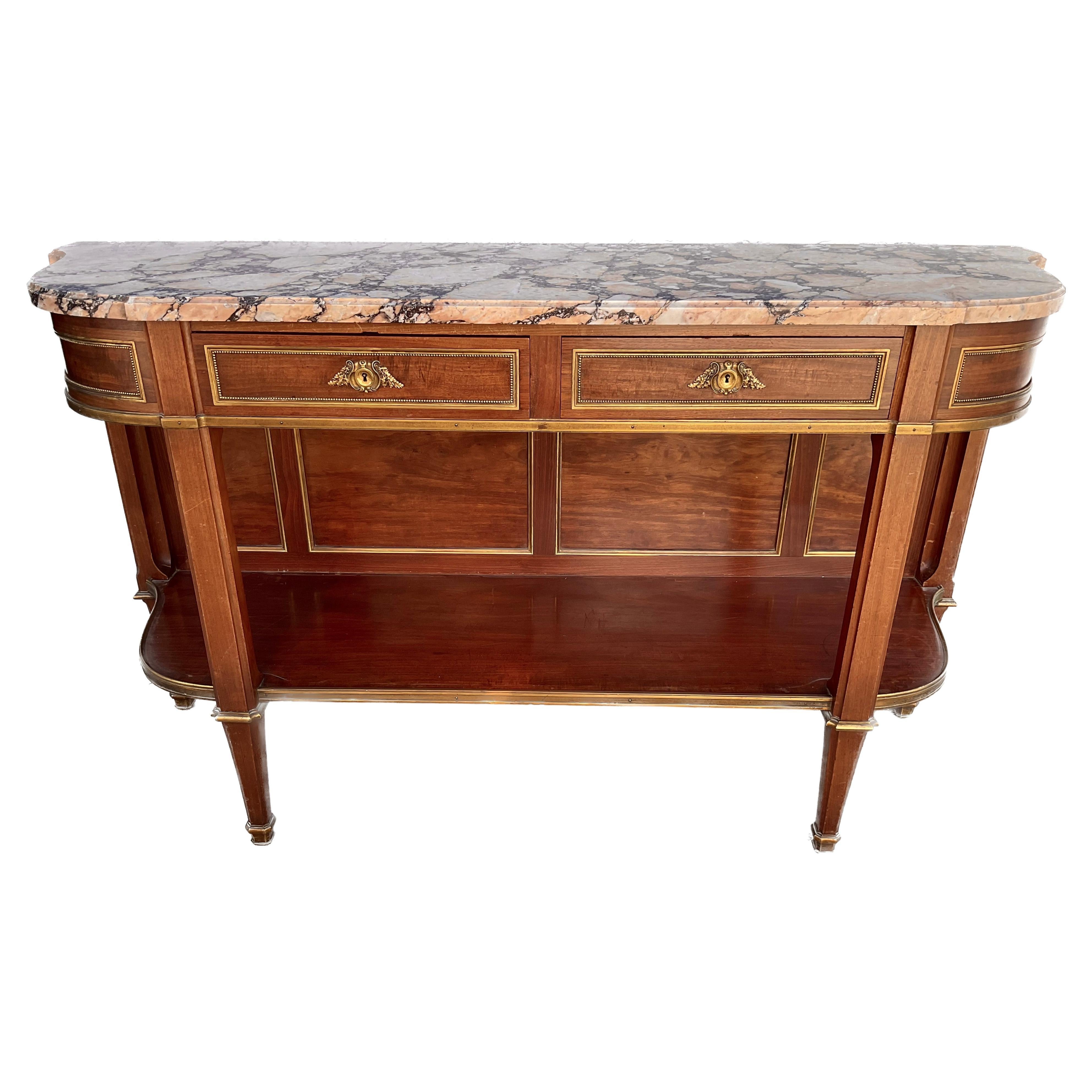 French Louis XVI Marble Top and Bronze Mounted Open Shelf Sideboard Buffet For Sale