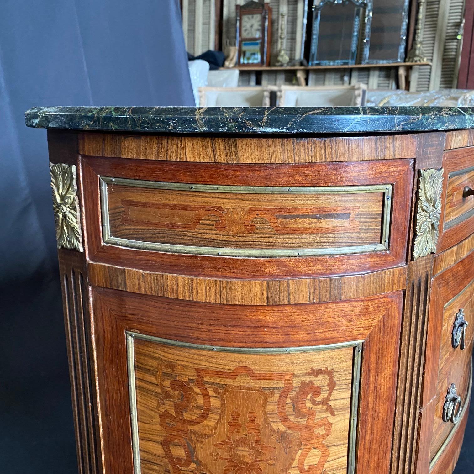 French Louis XVI Marble Top Inlaid Demilune Walnut and Fruitwood Commode Console In Good Condition For Sale In Hopewell, NJ