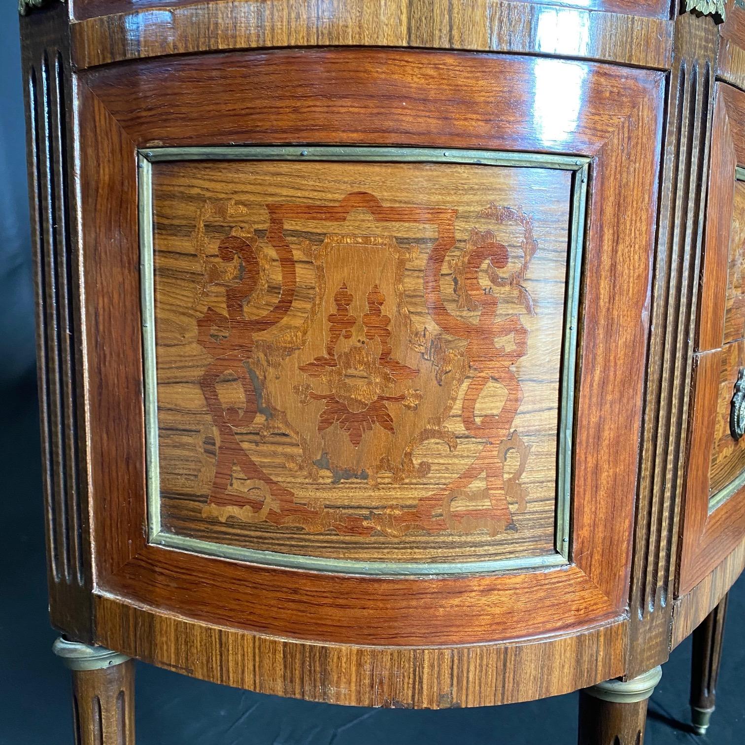 Bronze French Louis XVI Marble Top Inlaid Demilune Walnut and Fruitwood Commode Console For Sale