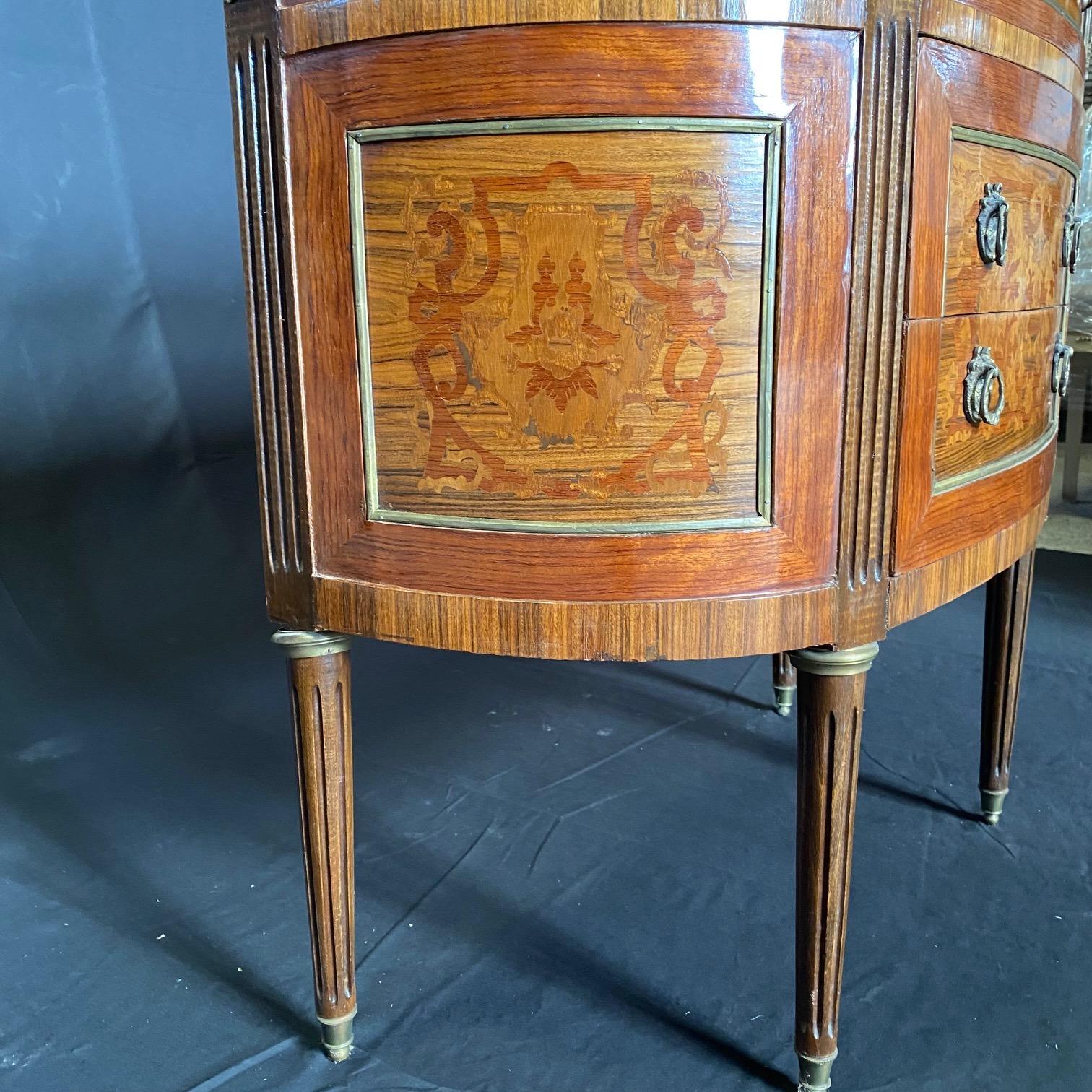 French Louis XVI Marble Top Inlaid Demilune Walnut and Fruitwood Commode Console For Sale 1