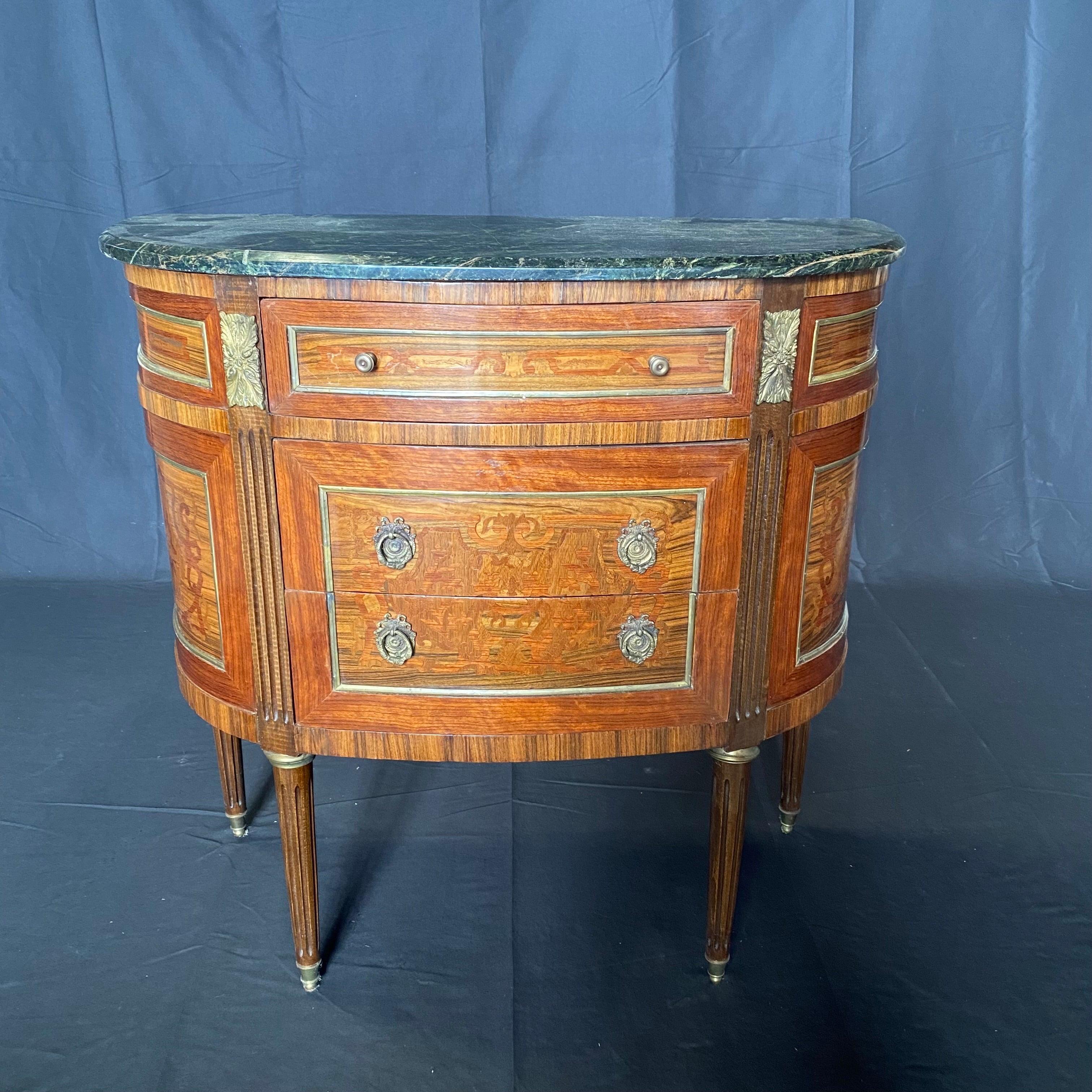 French Louis XVI Marble Top Inlaid Demilune Walnut and Fruitwood Commode Console For Sale 4