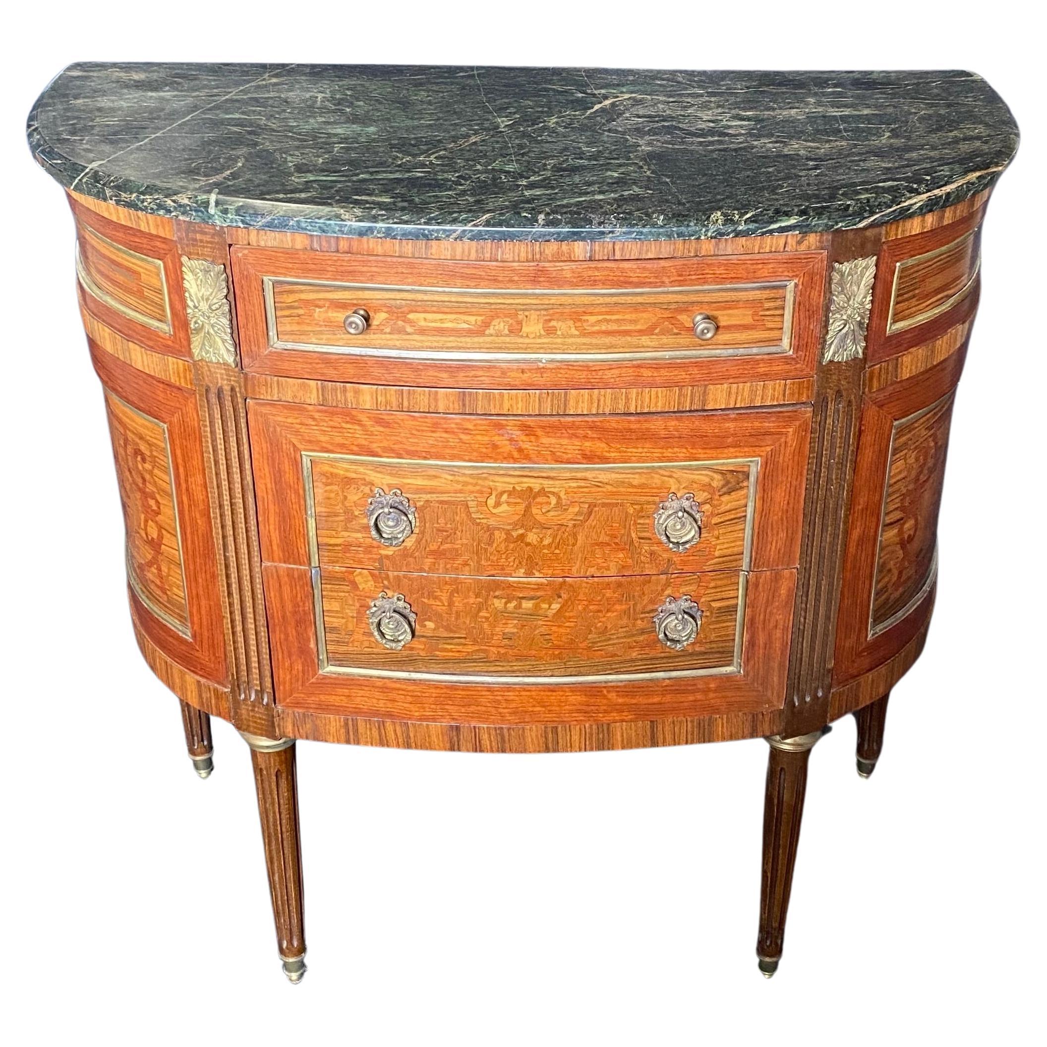 French Louis XVI Marble Top Inlaid Demilune Walnut and Fruitwood Commode Console For Sale