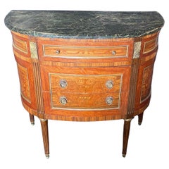 French Louis XVI Marble Top Inlaid Demilune Walnut and Fruitwood Commode Console