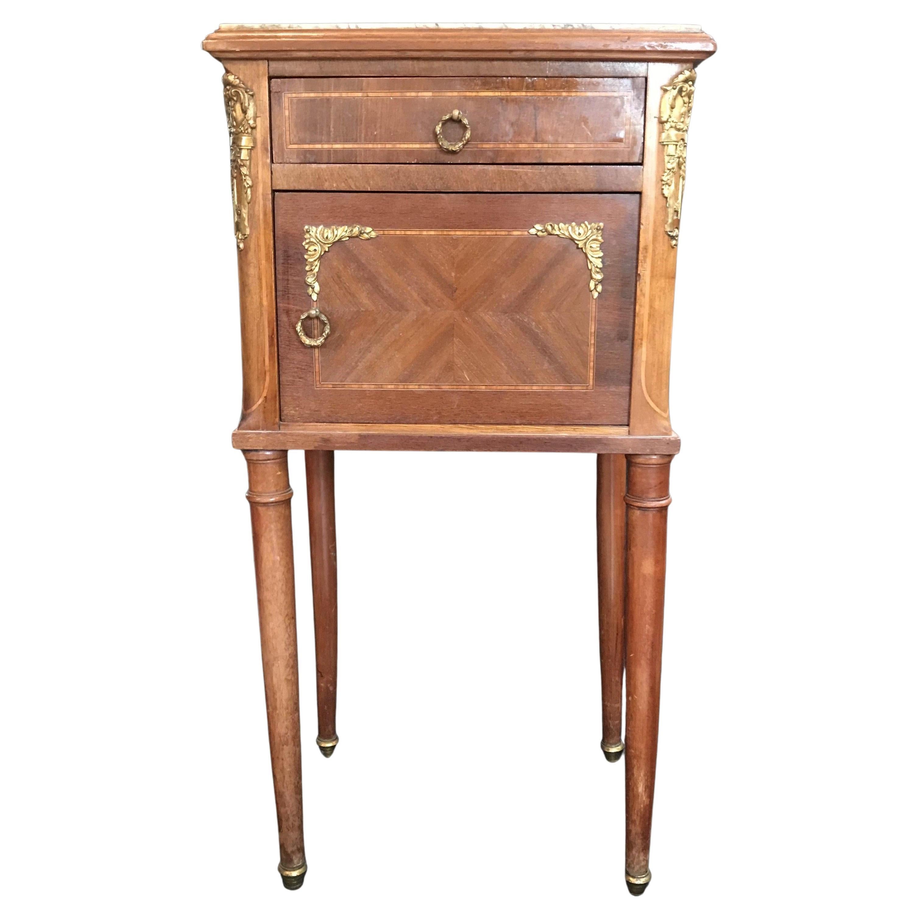 French Louis XVI Marble Top Night Stand with Marble Interior For Sale