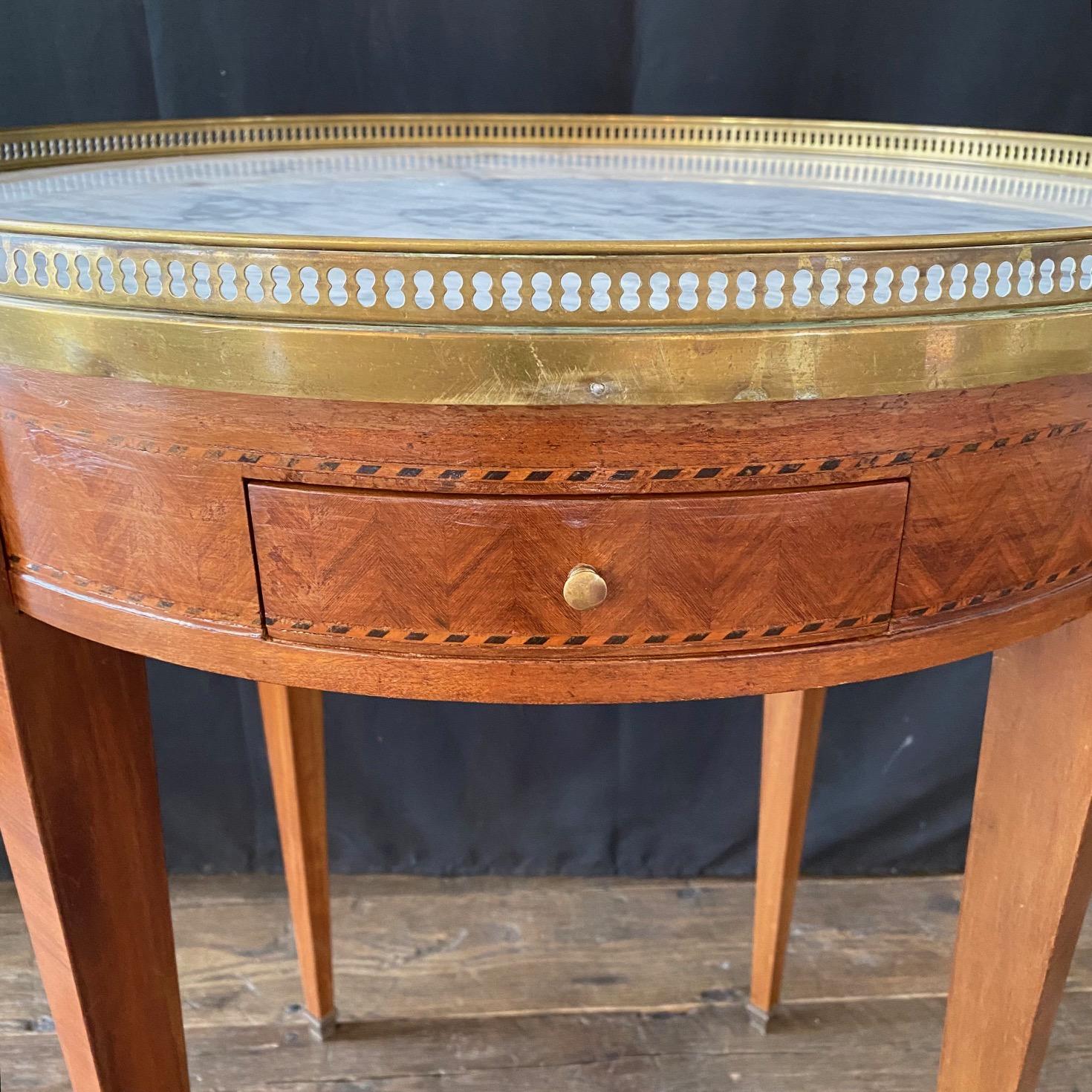 Brass French Louis XVI Marble Top Round Bouillotte Side Table