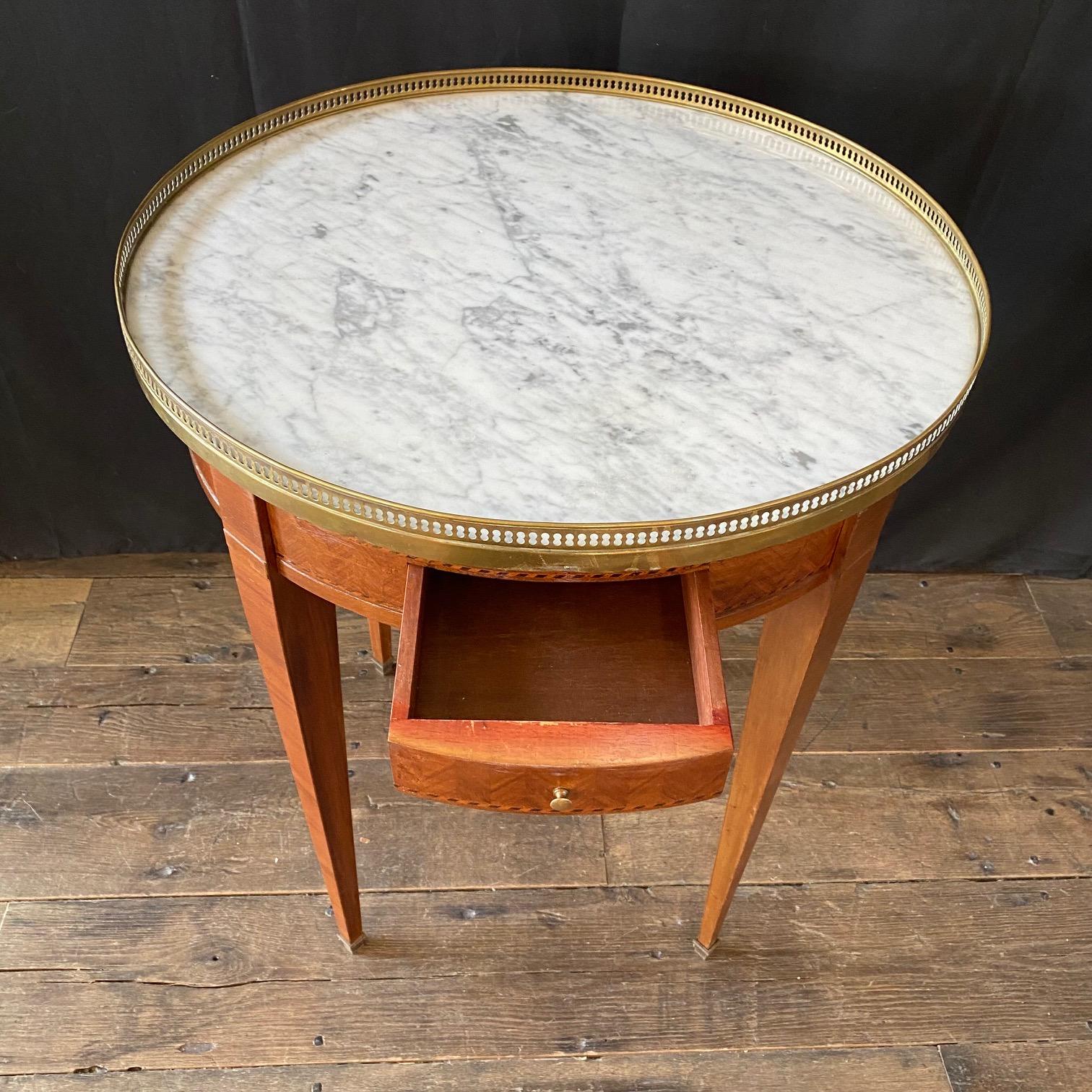 French Louis XVI Marble Top Round Bouillotte Side Table 1