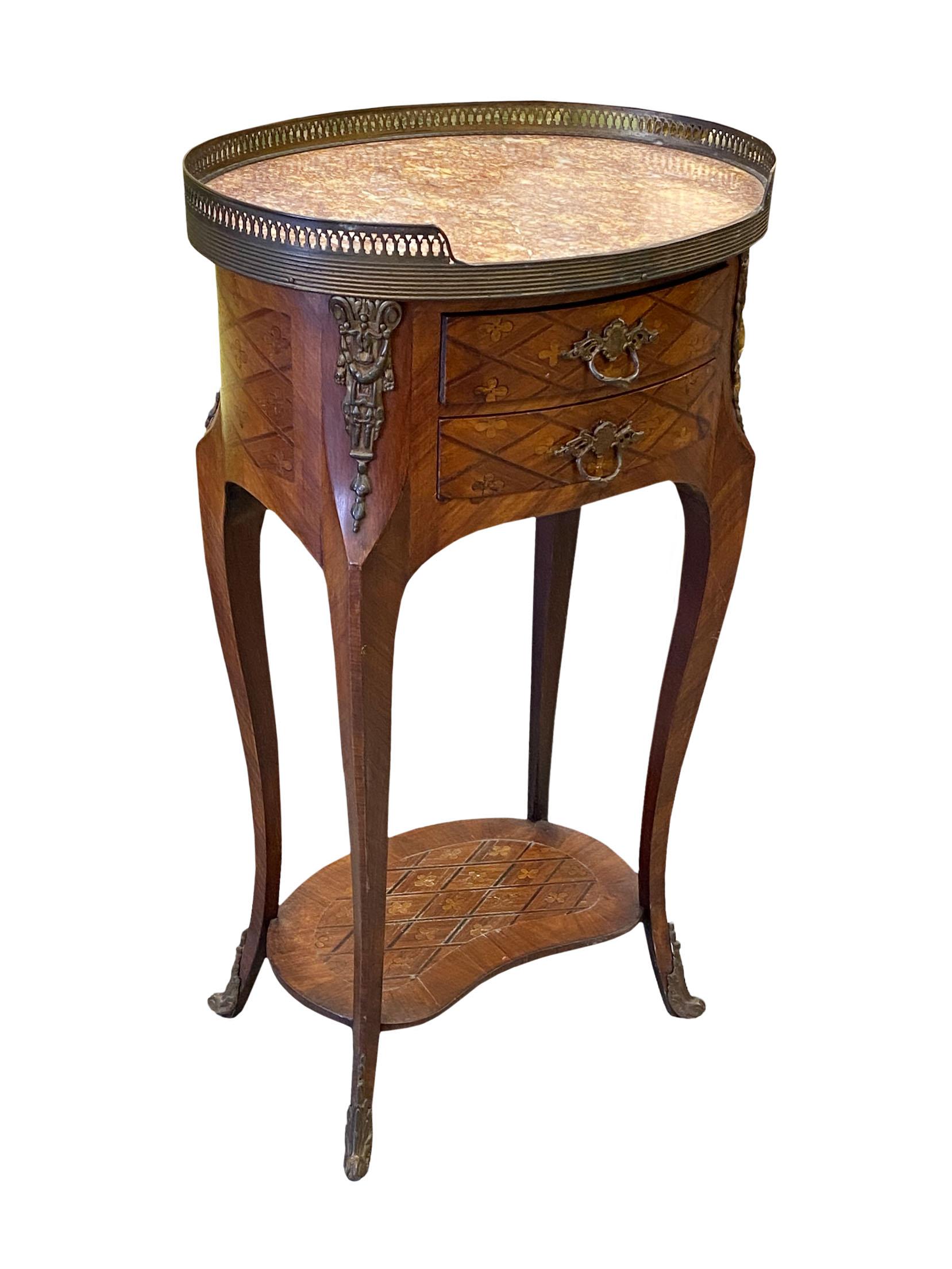 Louis XVI side table with marquetry inlay with flue-de-lis. Lower shelf and a bronze gallery with a marble top. Bronze mounts all the way around, bronze handles and sabots. Can float in room finished all the way around. Circa 1800s.