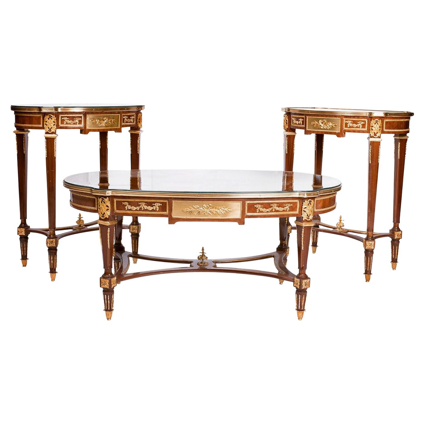 French Louis XVI Marquetry Inlaid Table (3 Set), 20th Century For Sale