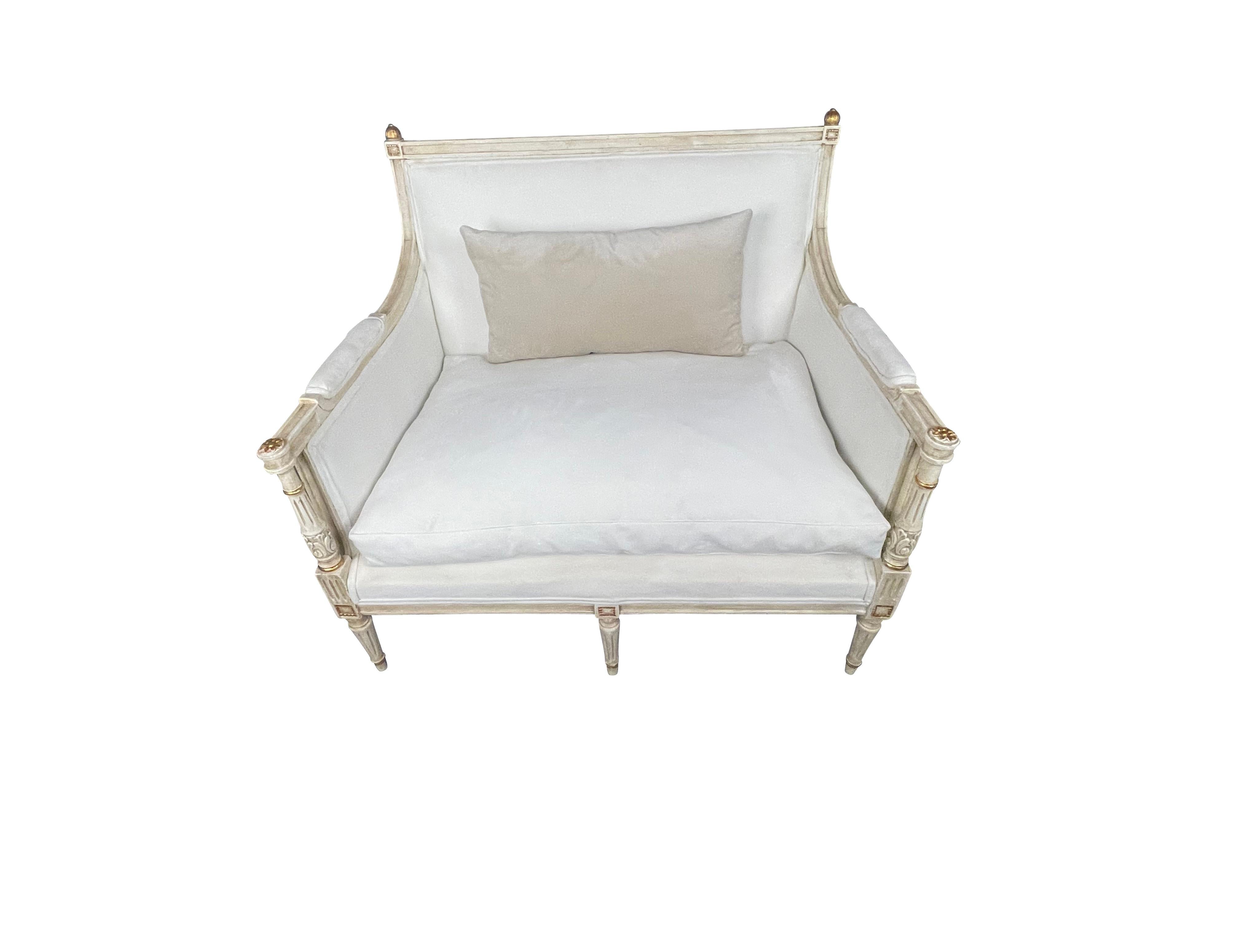 French Louis XVI Marquis Bergere Chair in White Linen 3