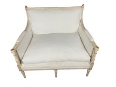 French Louis XVI Marquis Bergere Chair in White Linen