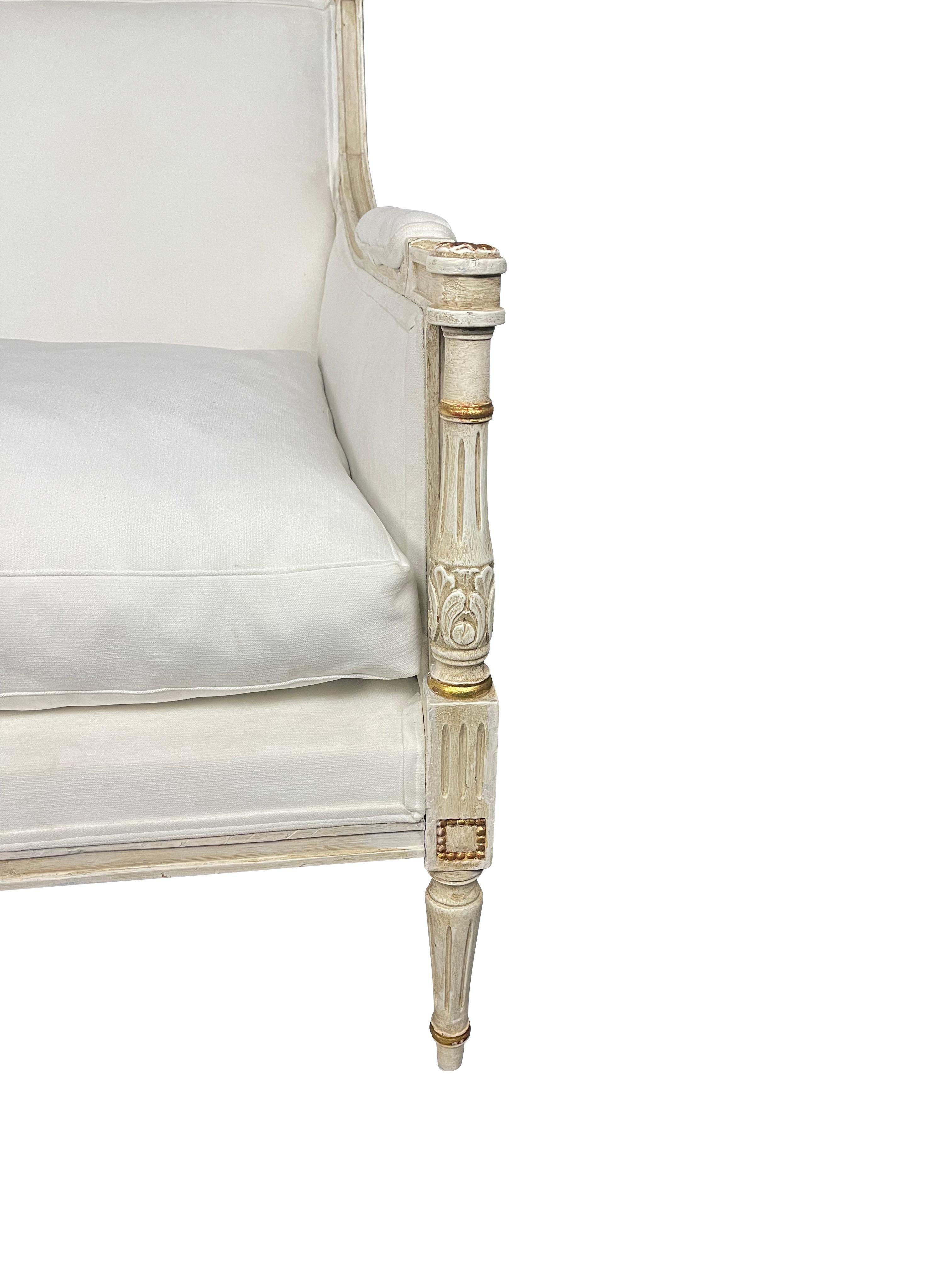 American French Louis XVI Marquis Bergere Chair in White Linen