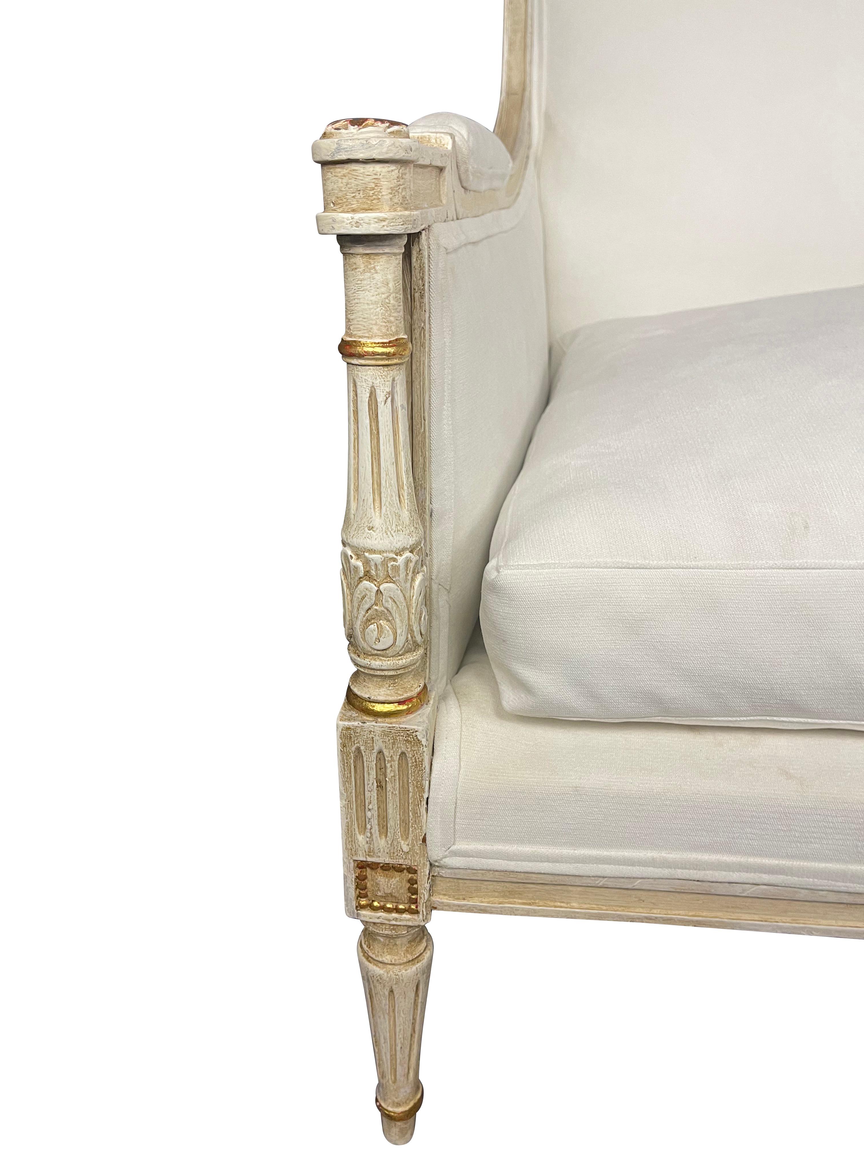 French Louis XVI Marquis Bergere Chair in White Linen In Good Condition In Essex, MA