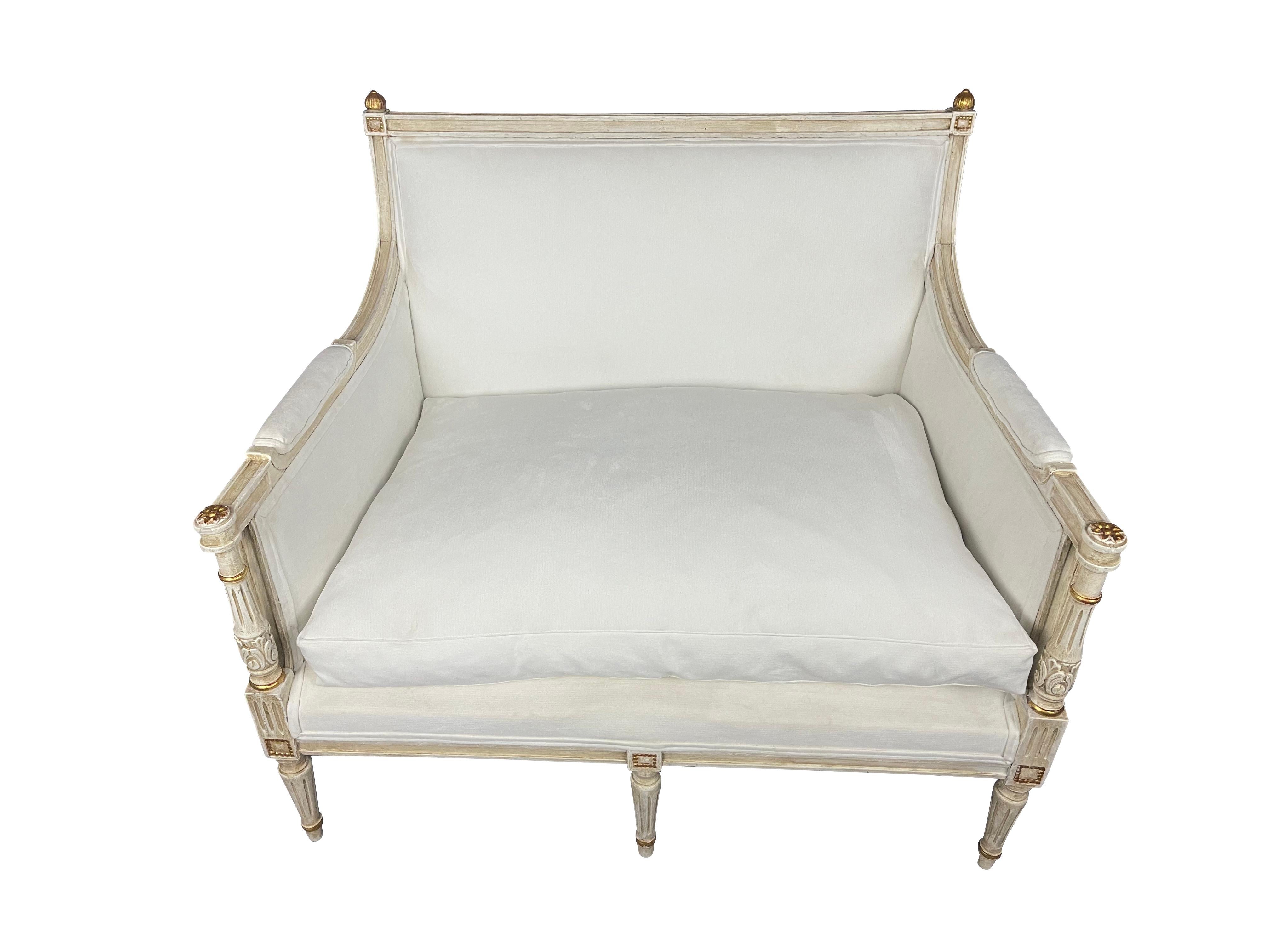 Wood French Louis XVI Marquis Bergere Chair in White Linen