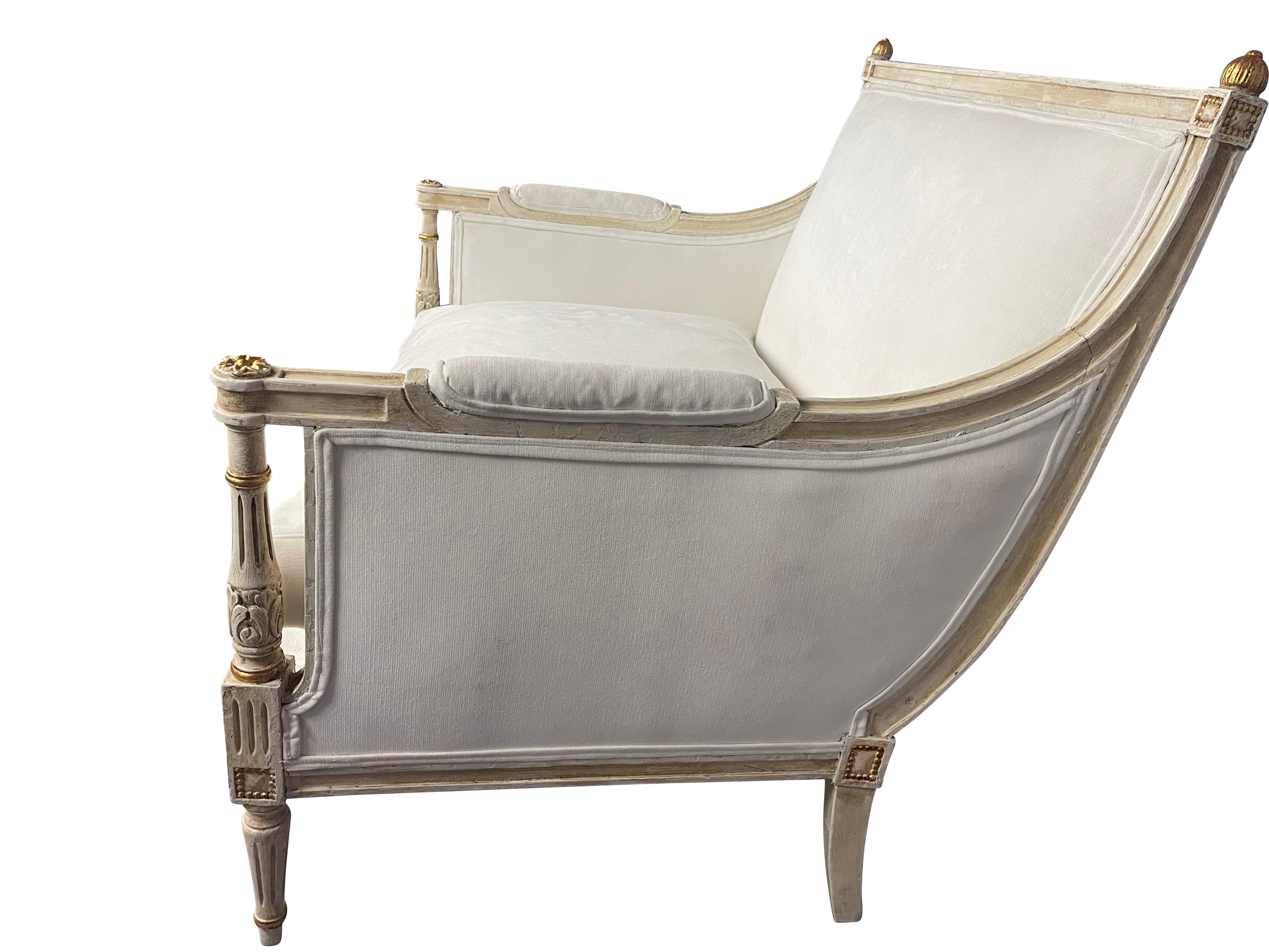French Louis XVI Marquis Bergere Chair in White Linen 1