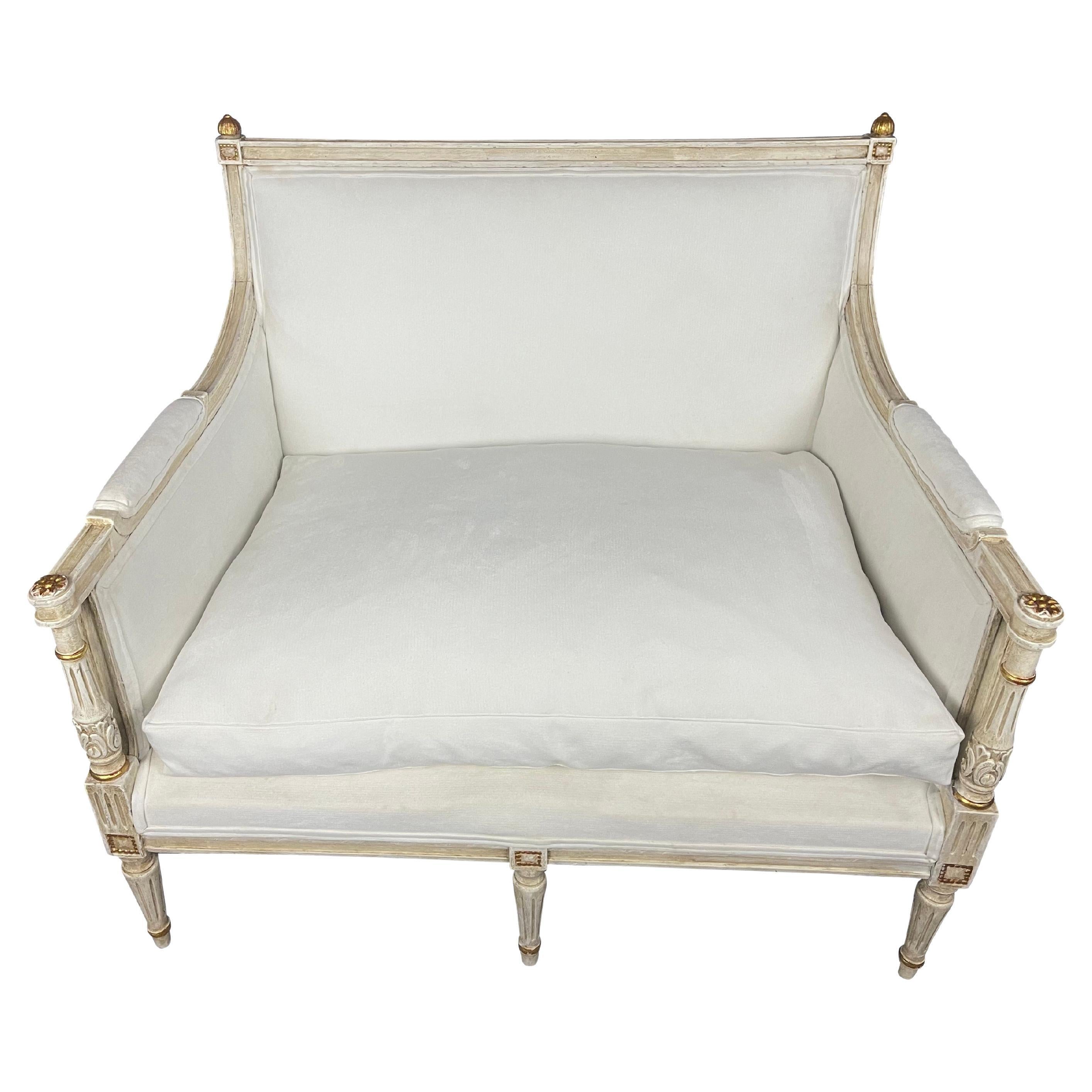 French Louis XVI Marquis Bergere Chair in White Linen