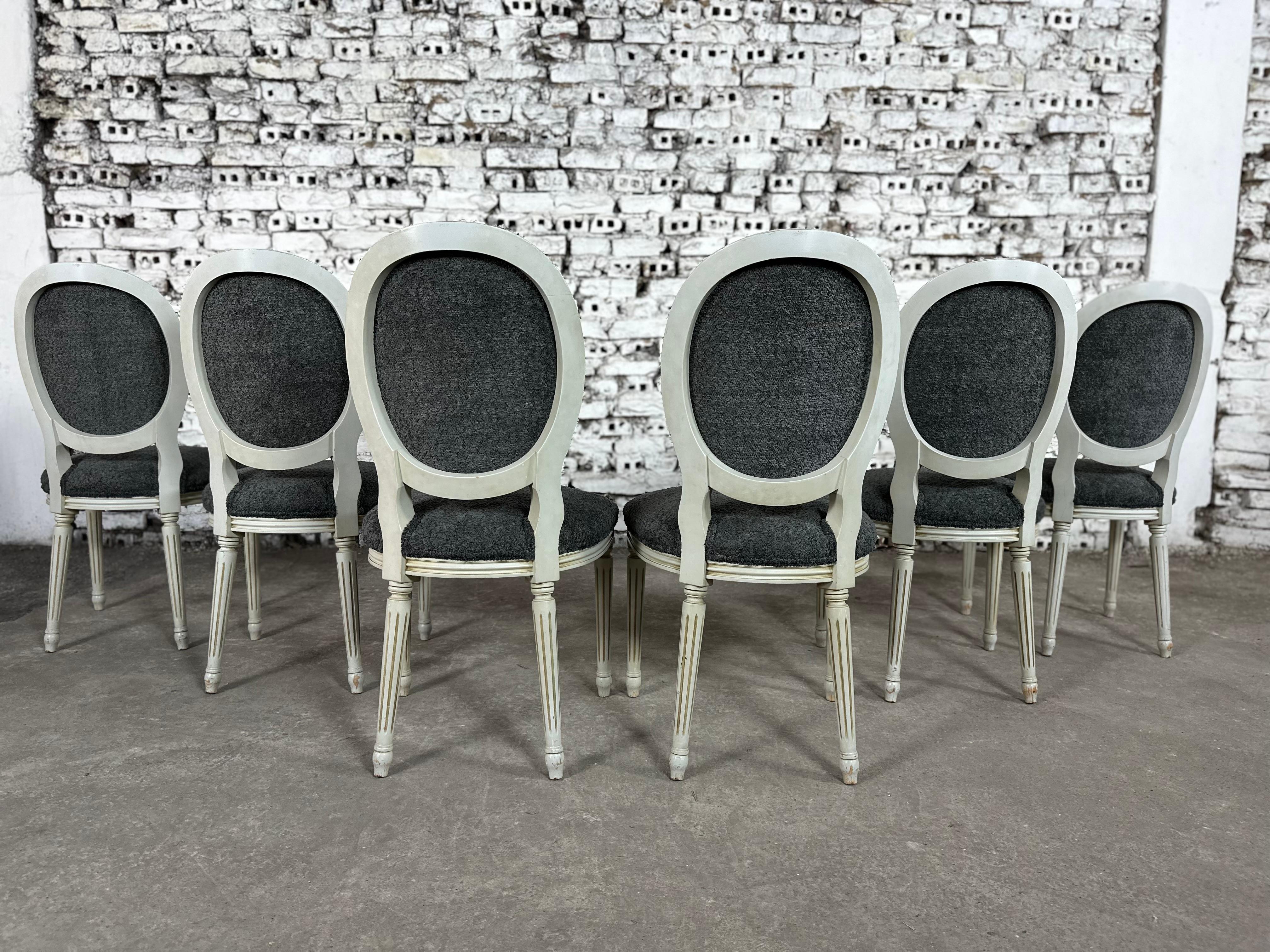 French Louis XVI Medallion Back Dining Chairs, Reupholstered - Set of 6 For Sale 6