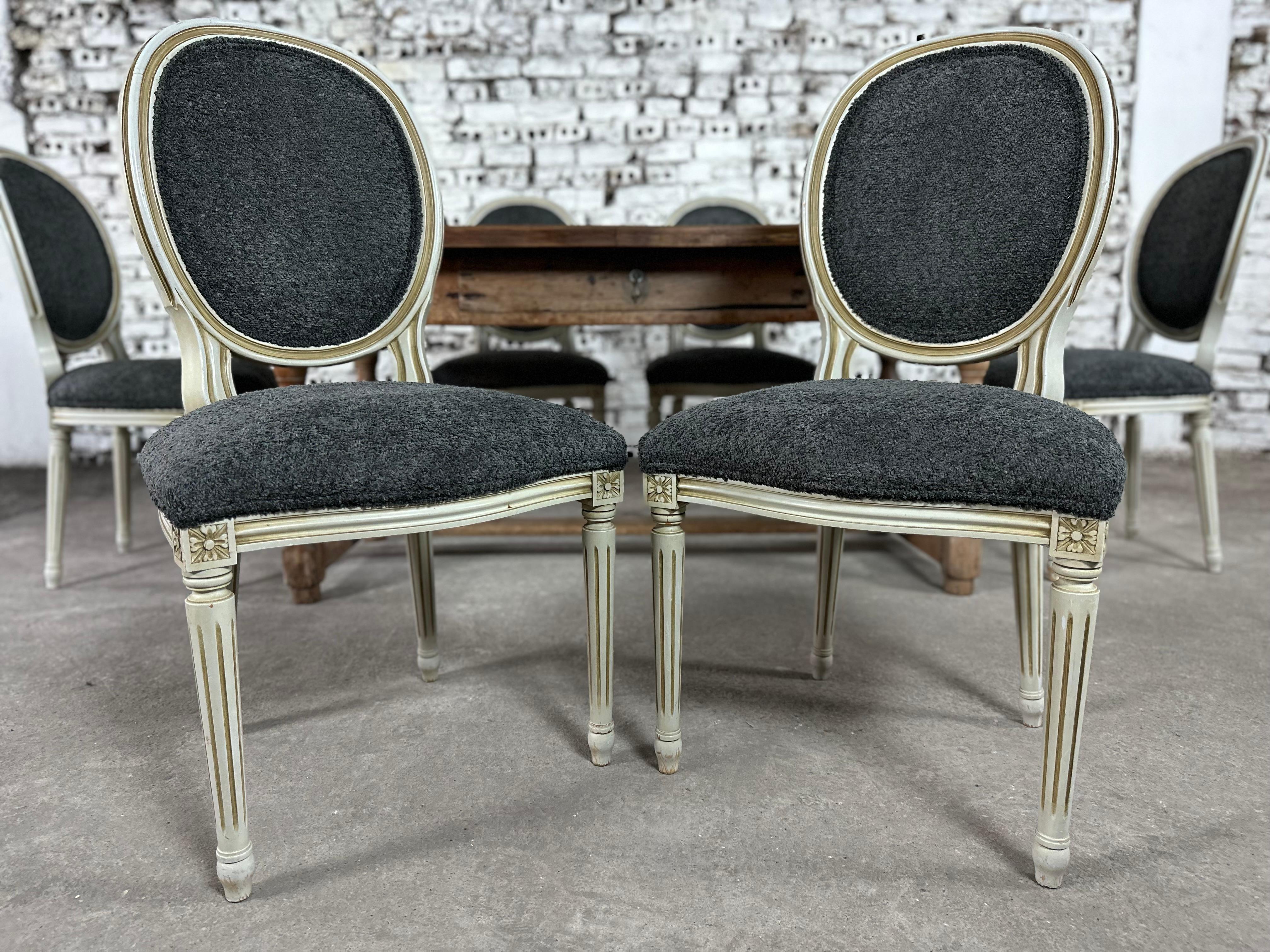 Bouclé French Louis XVI Medallion Back Dining Chairs, Reupholstered - Set of 6 For Sale